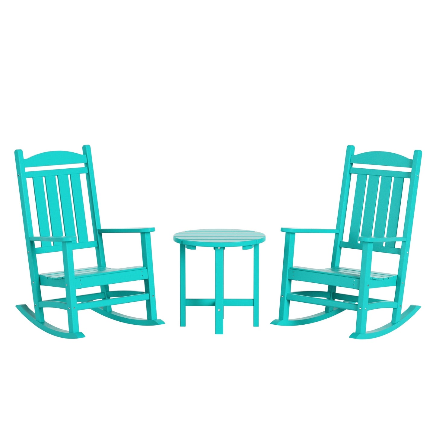 Chaises à bascule d'extérieur Polytrends Laguna en PEHD toutes saisons avec table d'appoint (ensemble de 3 pièces)