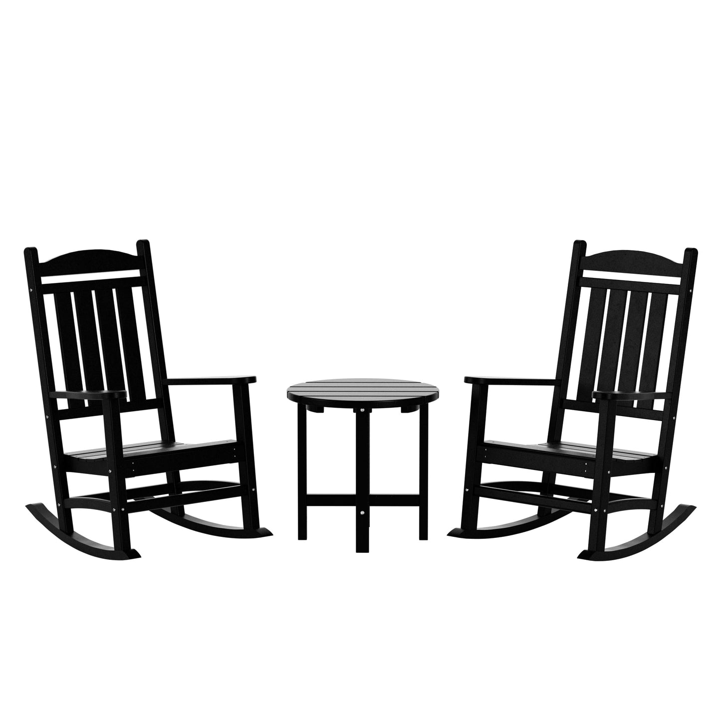 Chaises à bascule d'extérieur Polytrends Laguna en PEHD toutes saisons avec table d'appoint (ensemble de 3 pièces)