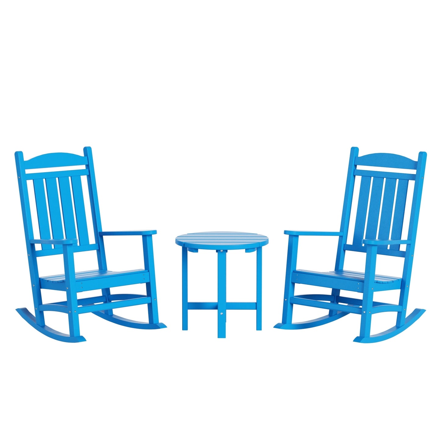 Chaises à bascule d'extérieur Polytrends Laguna en PEHD toutes saisons avec table d'appoint (ensemble de 3 pièces)