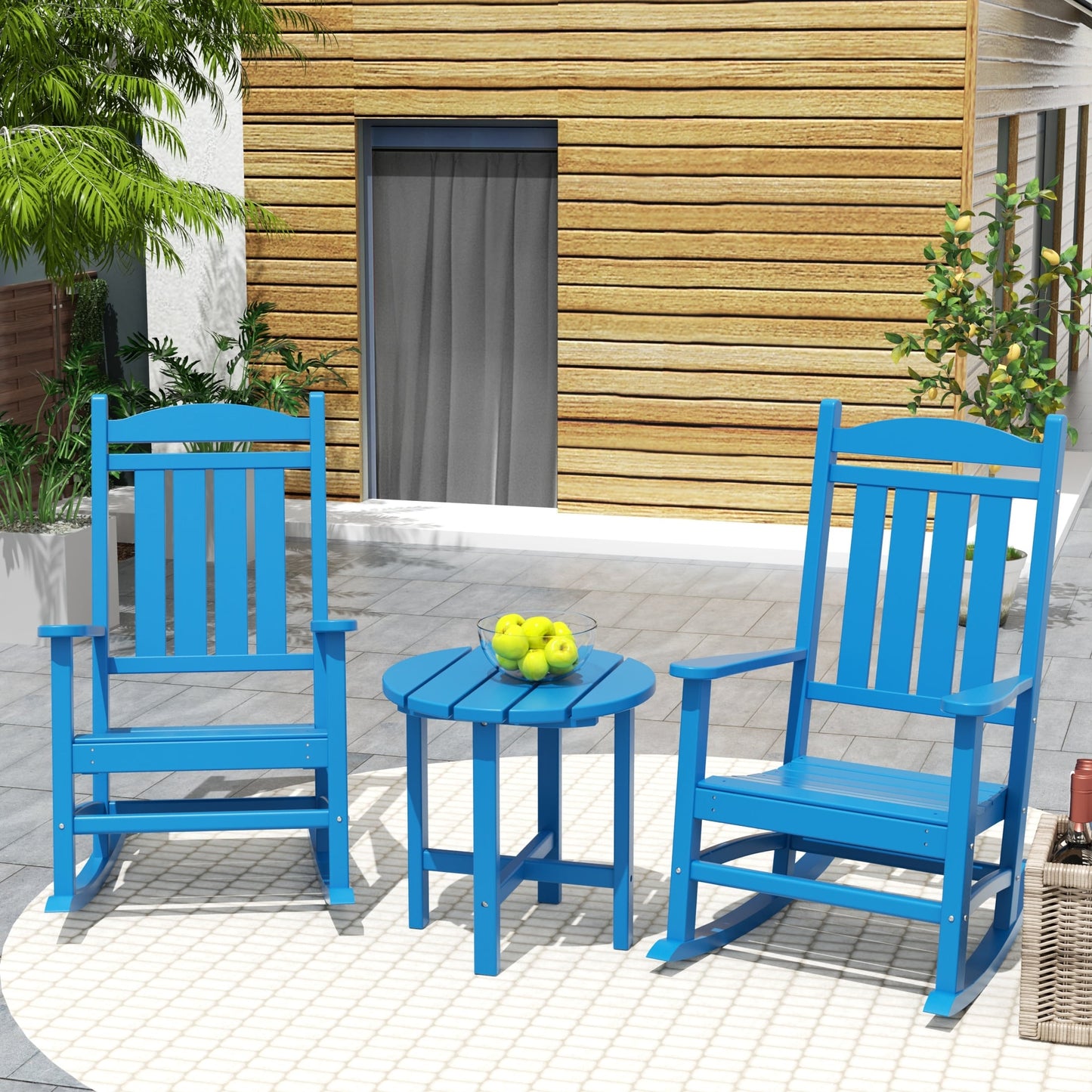 Chaises à bascule d'extérieur Polytrends Laguna en PEHD toutes saisons avec table d'appoint (ensemble de 3 pièces)