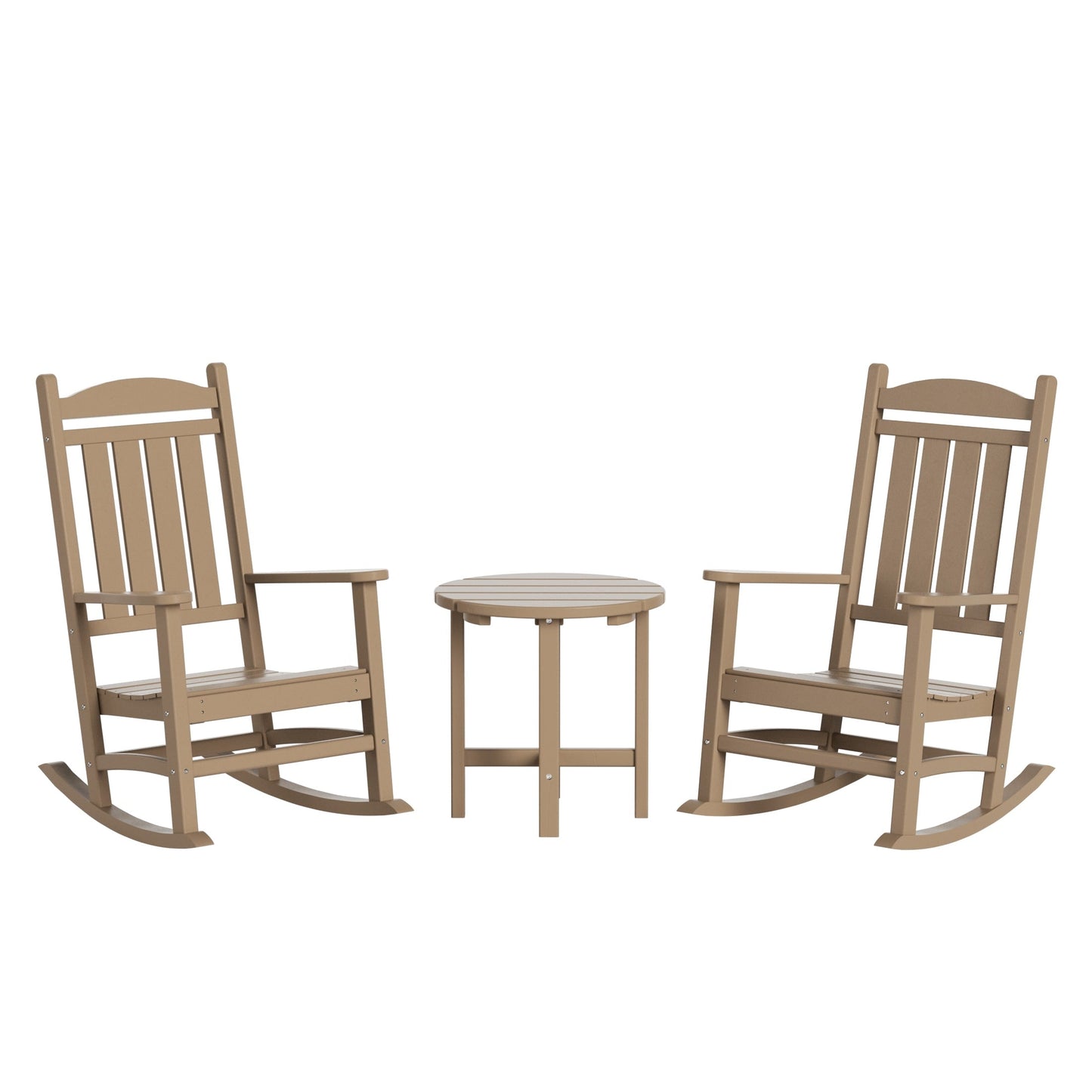 Chaises à bascule d'extérieur Polytrends Laguna en PEHD toutes saisons avec table d'appoint (ensemble de 3 pièces)
