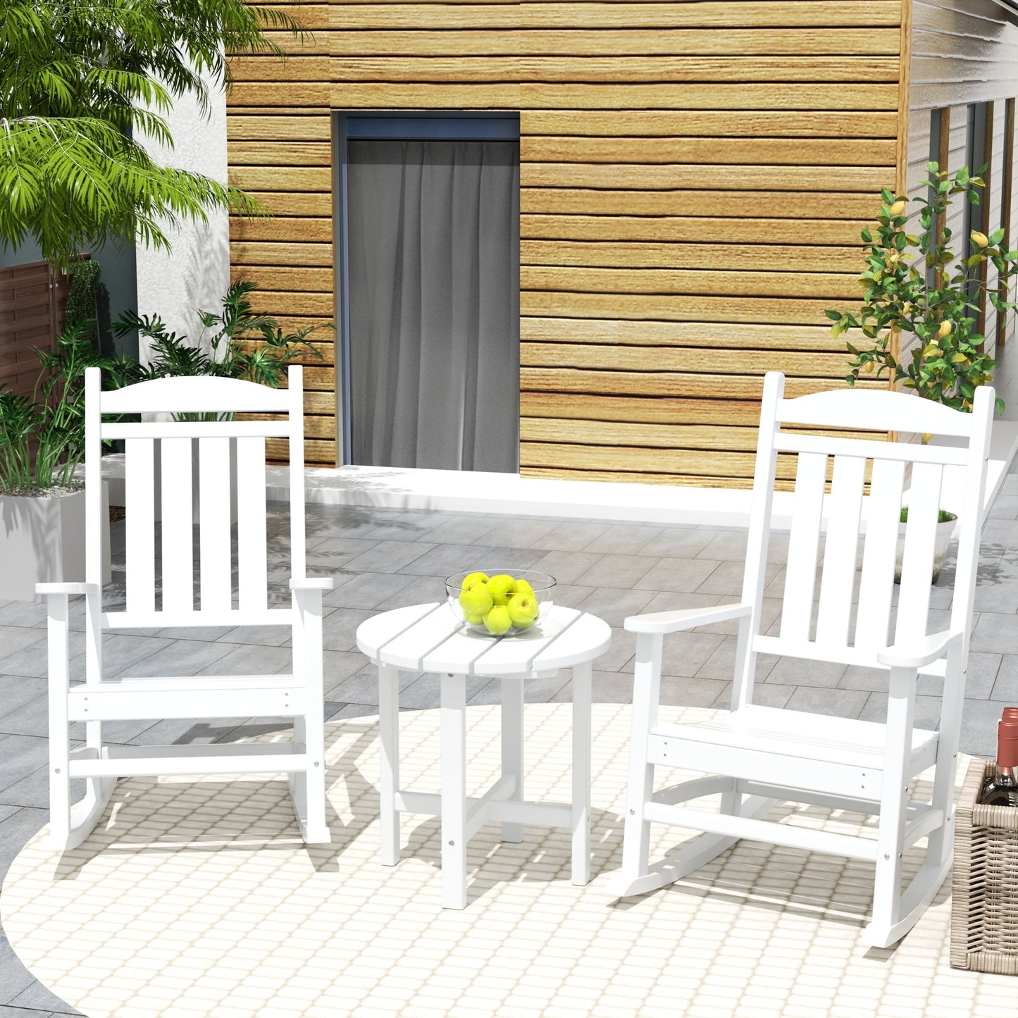 Chaises à bascule d'extérieur Polytrends Laguna en PEHD toutes saisons avec table d'appoint (ensemble de 3 pièces)