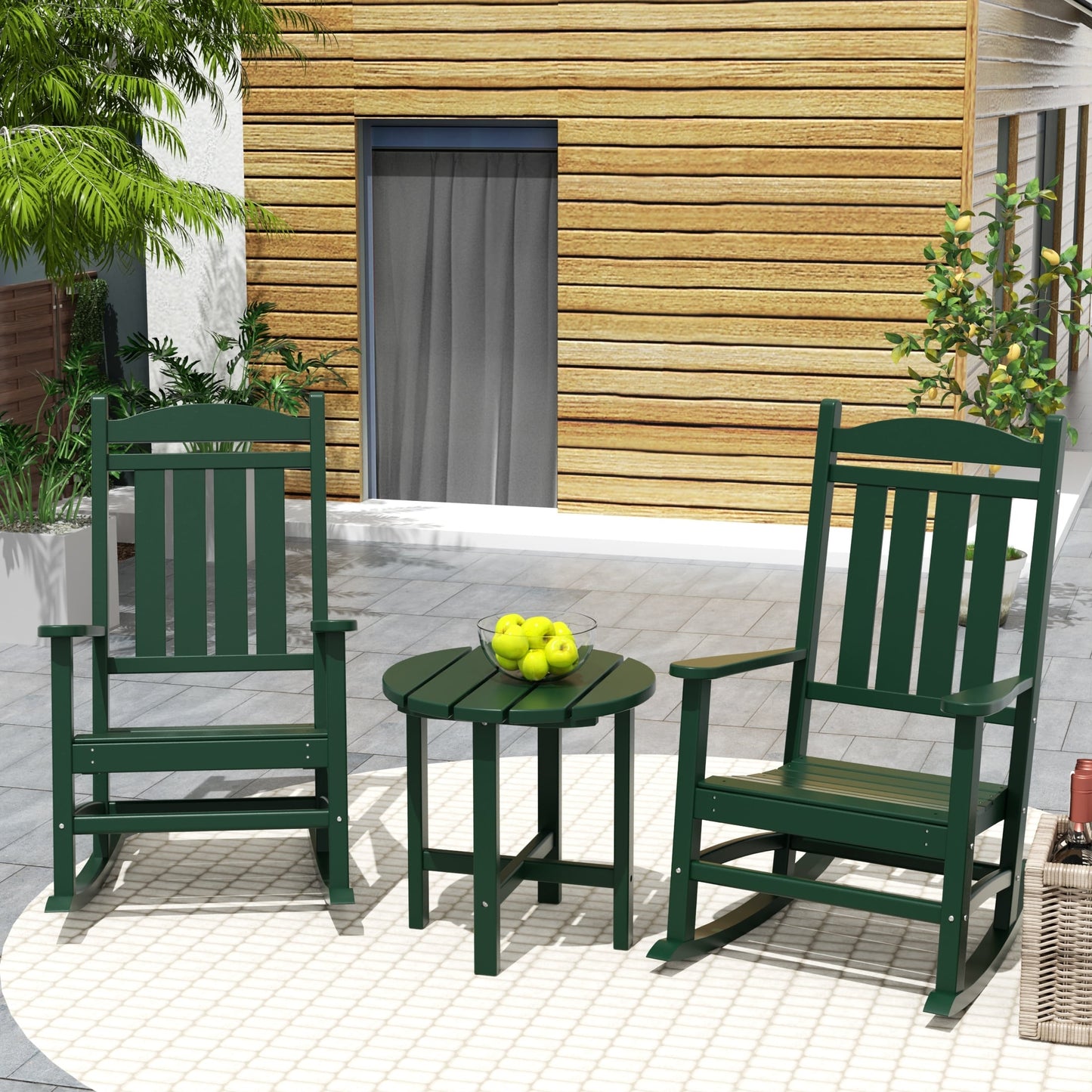 Chaises à bascule d'extérieur Polytrends Laguna en PEHD toutes saisons avec table d'appoint (ensemble de 3 pièces)