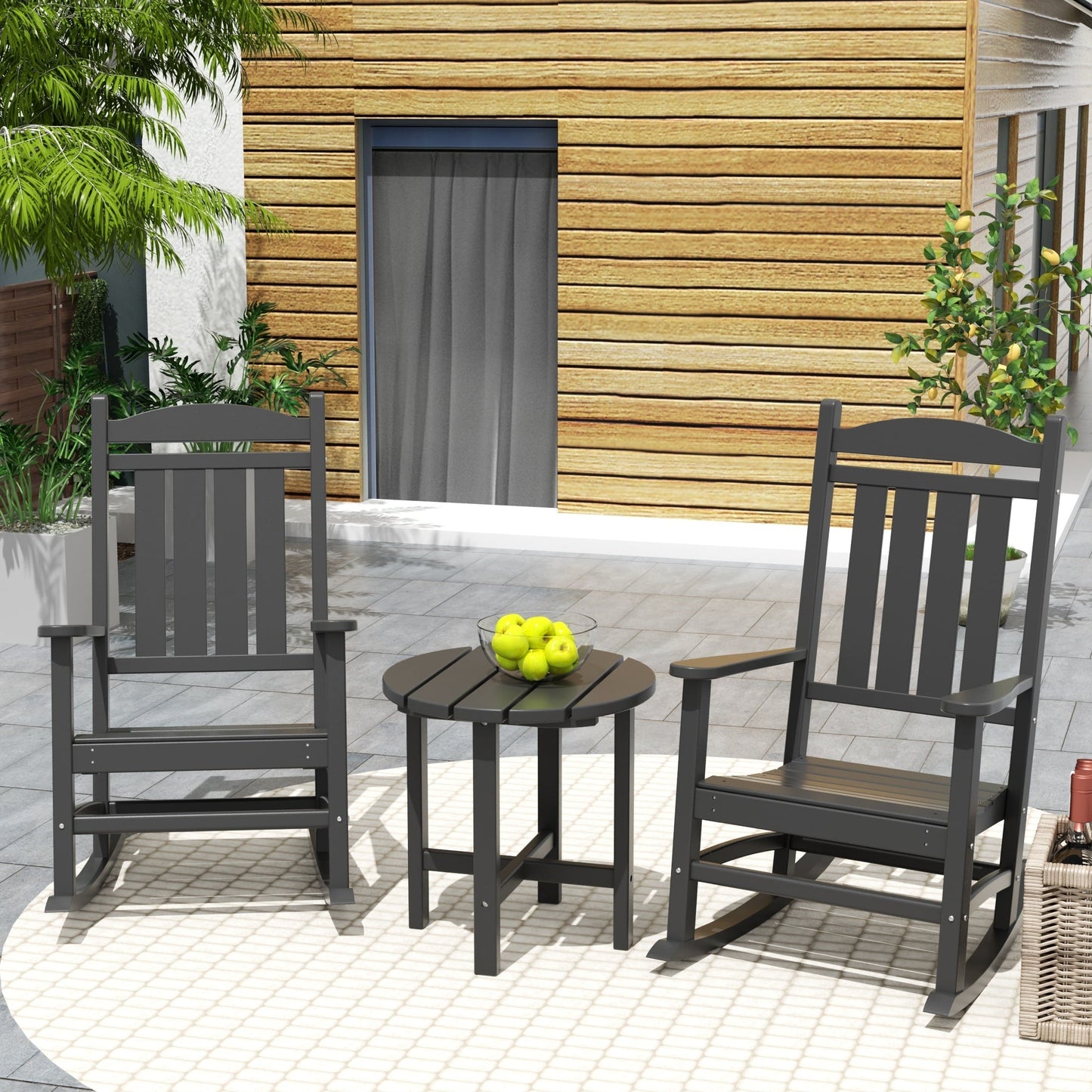 Chaises à bascule d'extérieur Polytrends Laguna en PEHD toutes saisons avec table d'appoint (ensemble de 3 pièces)