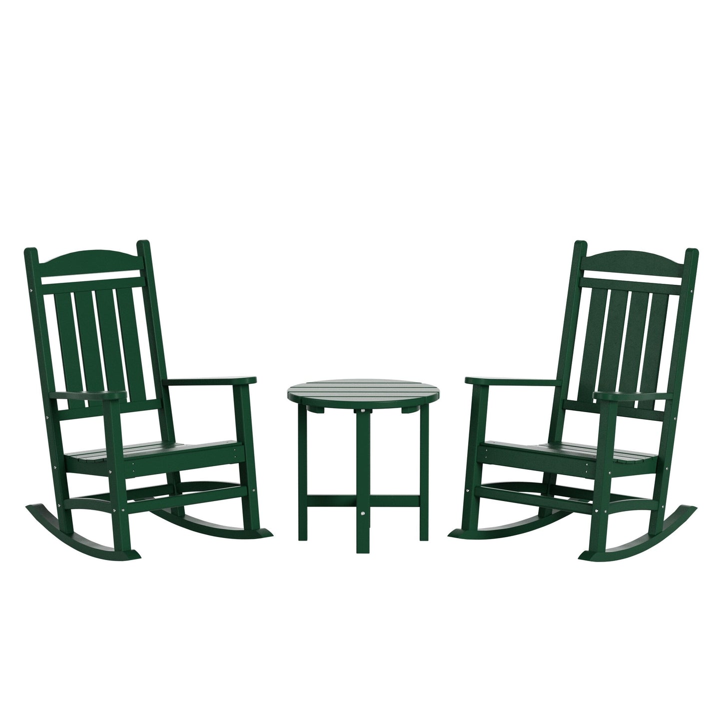 Chaises à bascule d'extérieur Polytrends Laguna en PEHD toutes saisons avec table d'appoint (ensemble de 3 pièces)