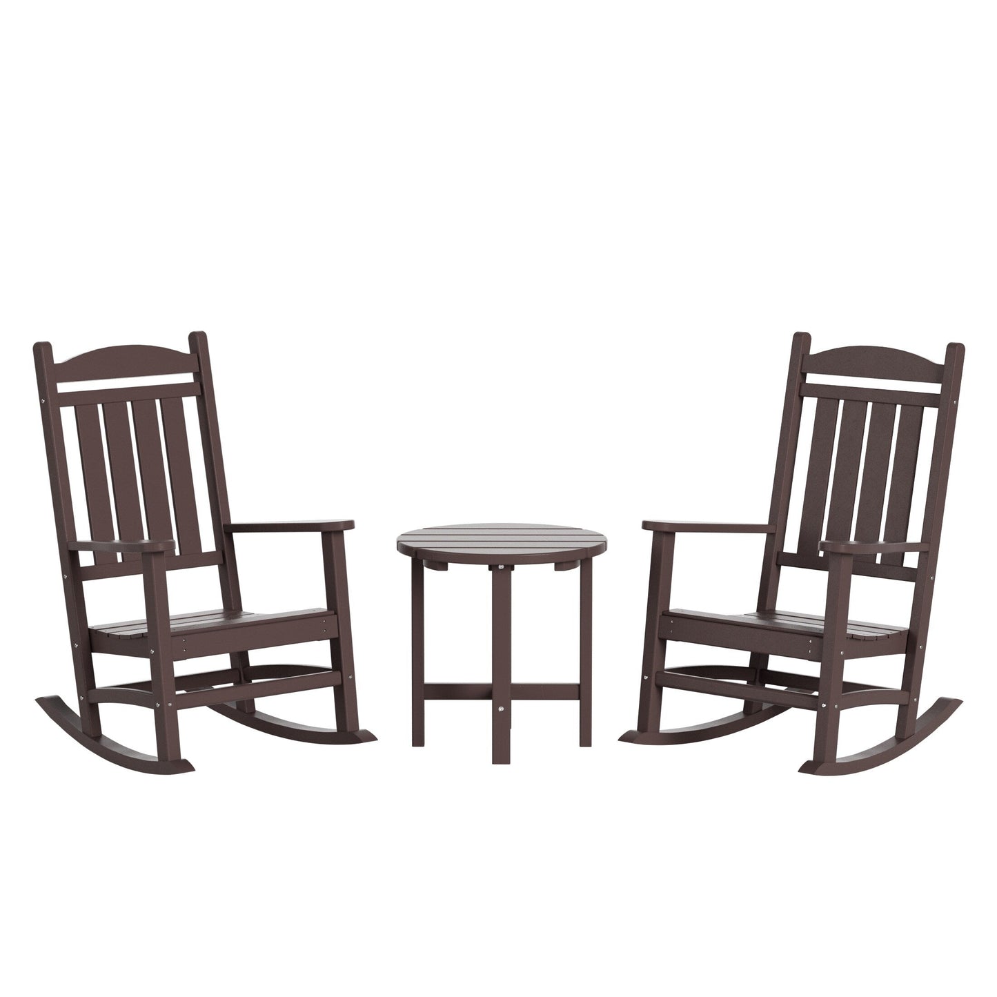 Chaises à bascule d'extérieur Polytrends Laguna en PEHD toutes saisons avec table d'appoint (ensemble de 3 pièces)