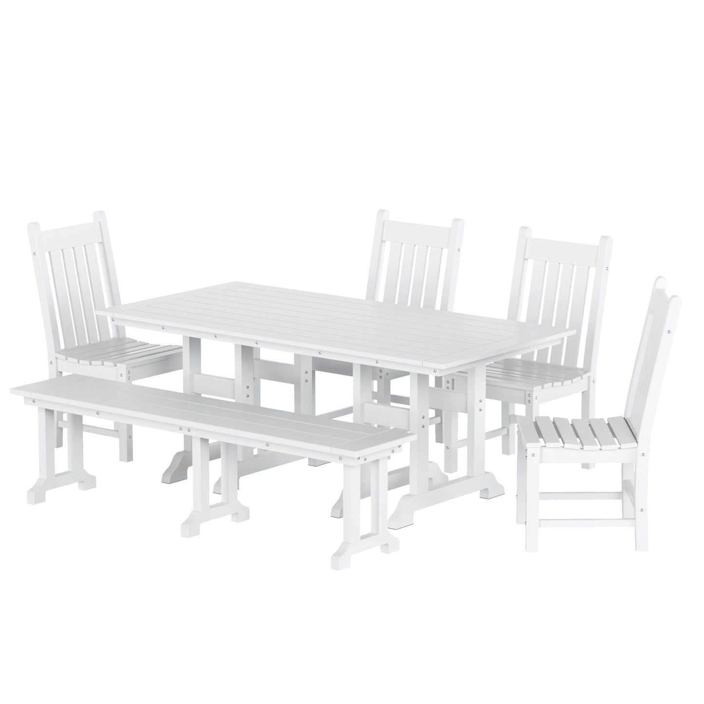 Ensemble de salle à manger d'extérieur Polytrends Laguna en PEHD, toutes saisons, avec table rectangulaire, chaises d'appoint et banc (ensemble de 6 pièces)