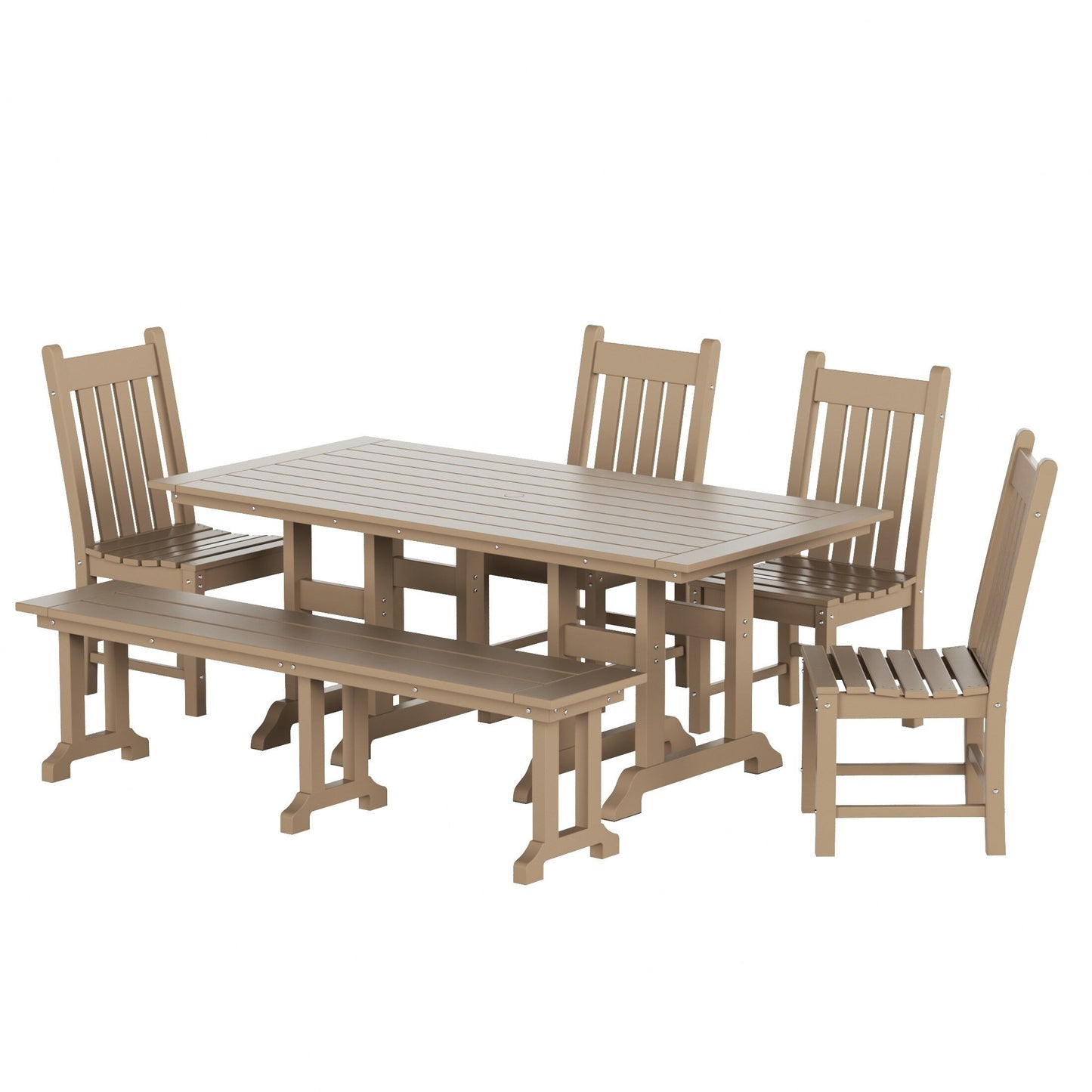 Ensemble de salle à manger d'extérieur Polytrends Laguna en PEHD, toutes saisons, avec table rectangulaire, chaises d'appoint et banc (ensemble de 6 pièces)
