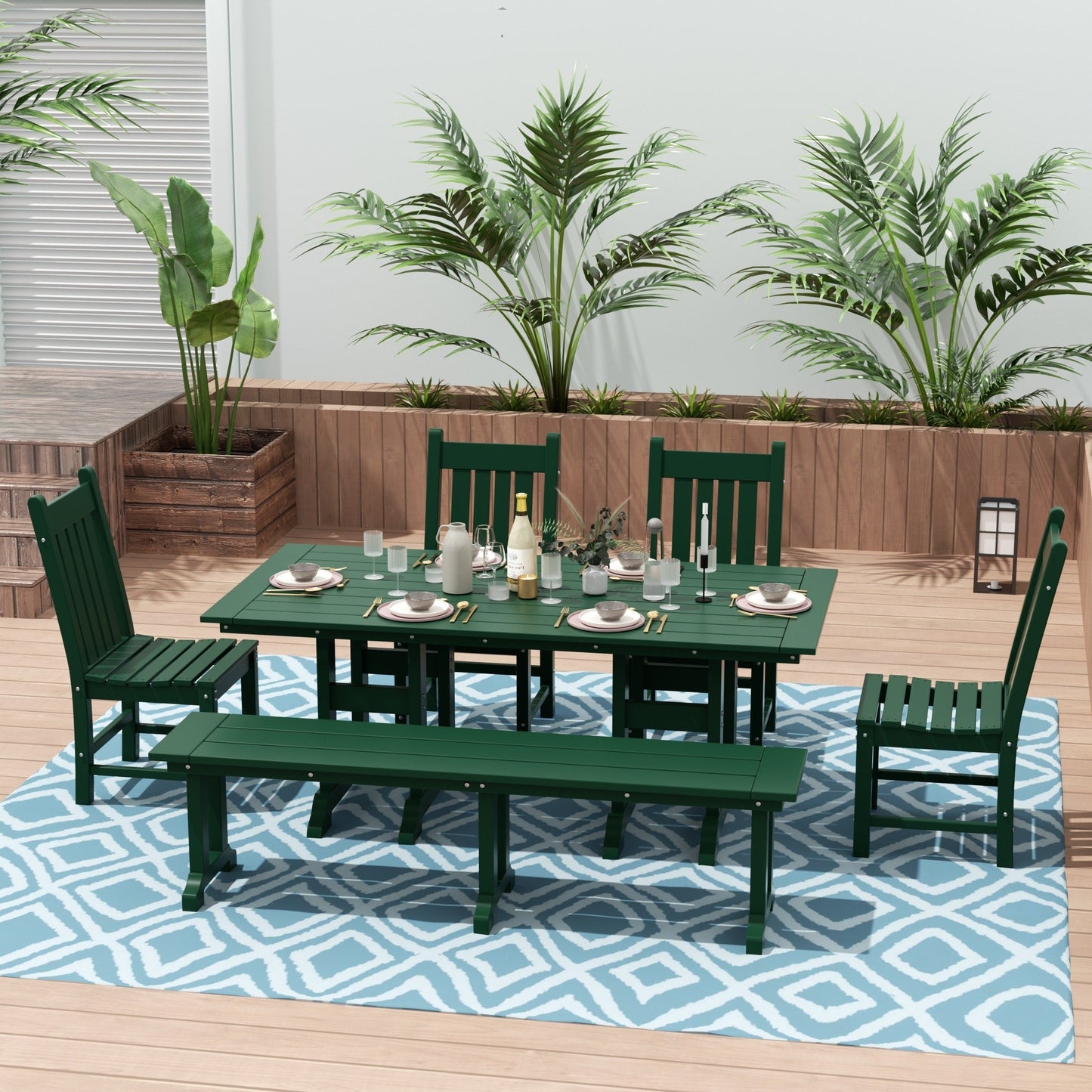 Ensemble de salle à manger d'extérieur Polytrends Laguna en PEHD, toutes saisons, avec table rectangulaire, chaises d'appoint et banc (ensemble de 6 pièces)