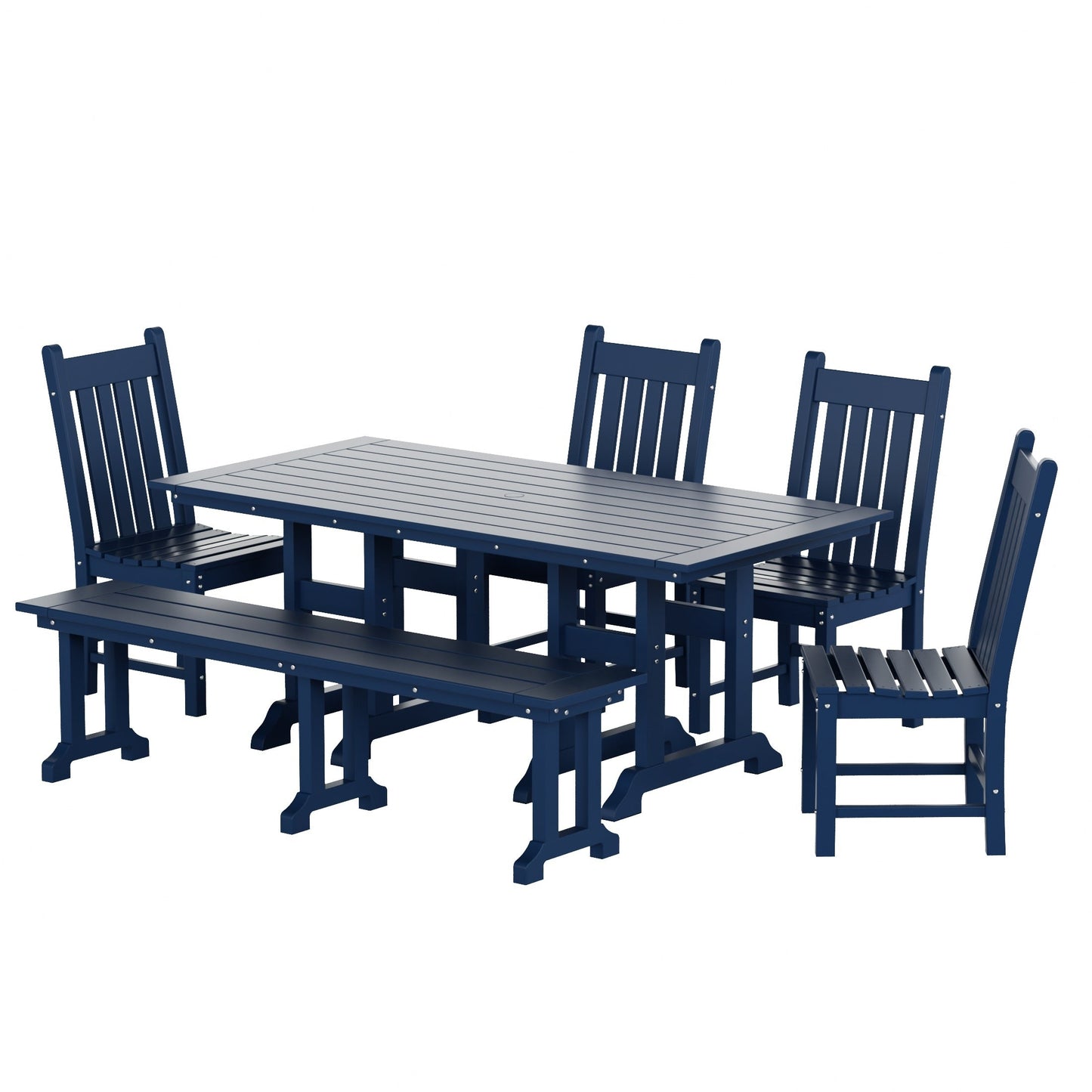 Ensemble de salle à manger d'extérieur Polytrends Laguna en PEHD, toutes saisons, avec table rectangulaire, chaises d'appoint et banc (ensemble de 6 pièces)