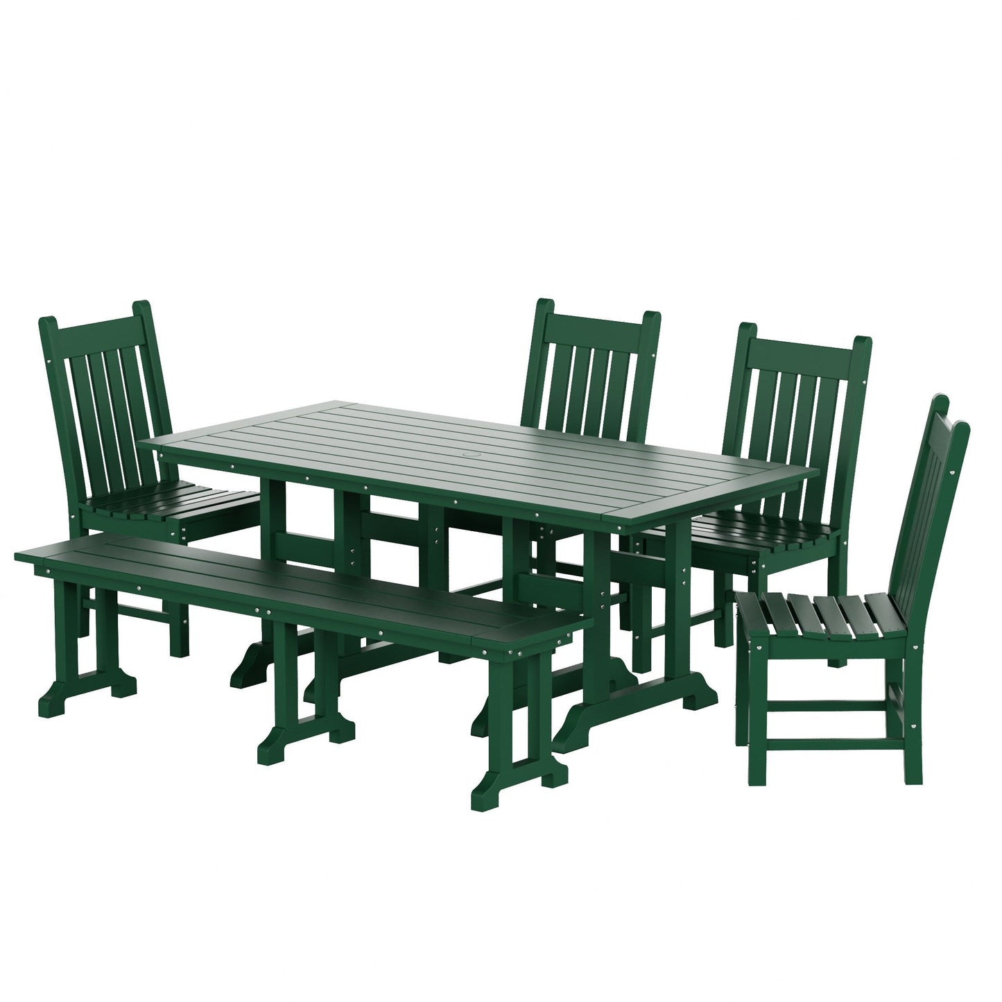 Ensemble de salle à manger d'extérieur Polytrends Laguna en PEHD, toutes saisons, avec table rectangulaire, chaises d'appoint et banc (ensemble de 6 pièces)