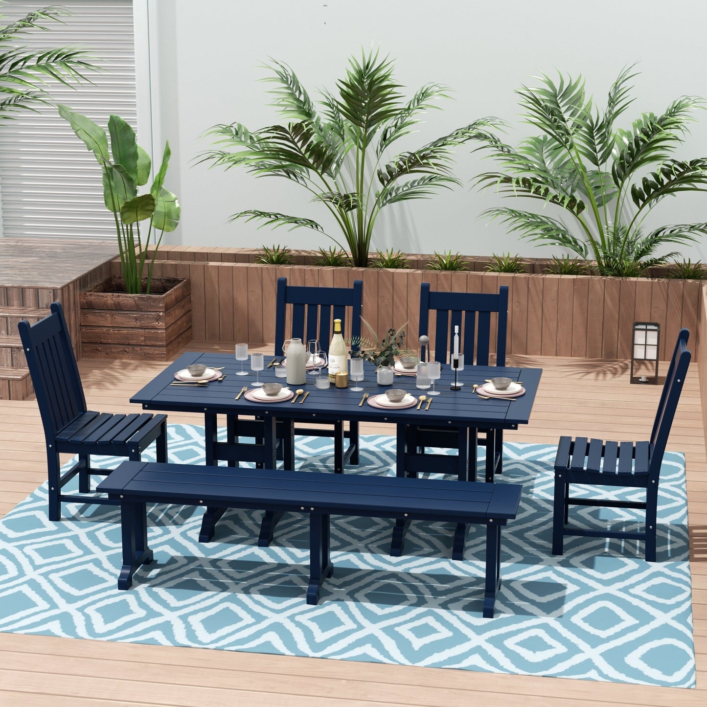 Ensemble de salle à manger d'extérieur Polytrends Laguna en PEHD, toutes saisons, avec table rectangulaire, chaises d'appoint et banc (ensemble de 6 pièces)
