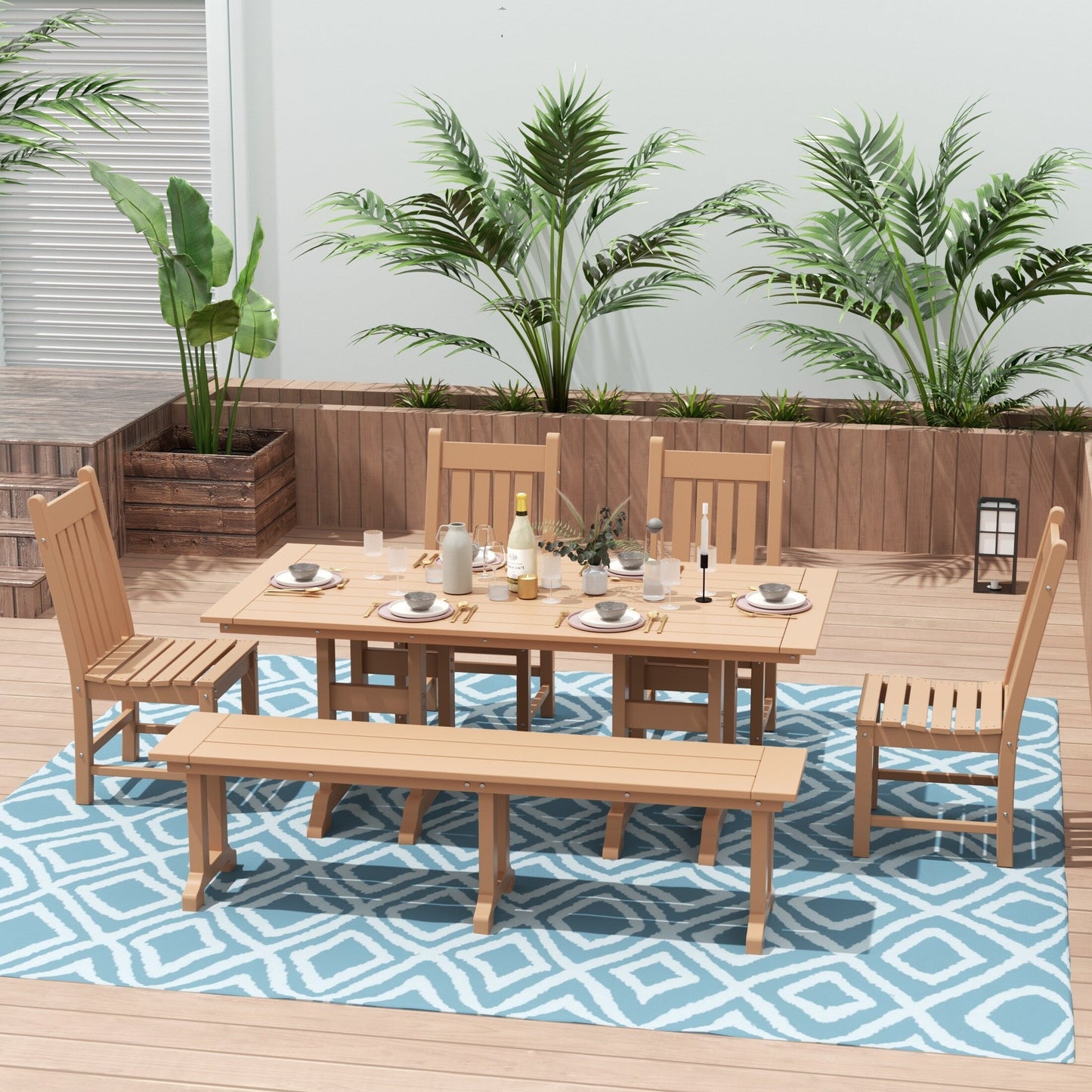 Ensemble de salle à manger d'extérieur Polytrends Laguna en PEHD, toutes saisons, avec table rectangulaire, chaises d'appoint et banc (ensemble de 6 pièces)