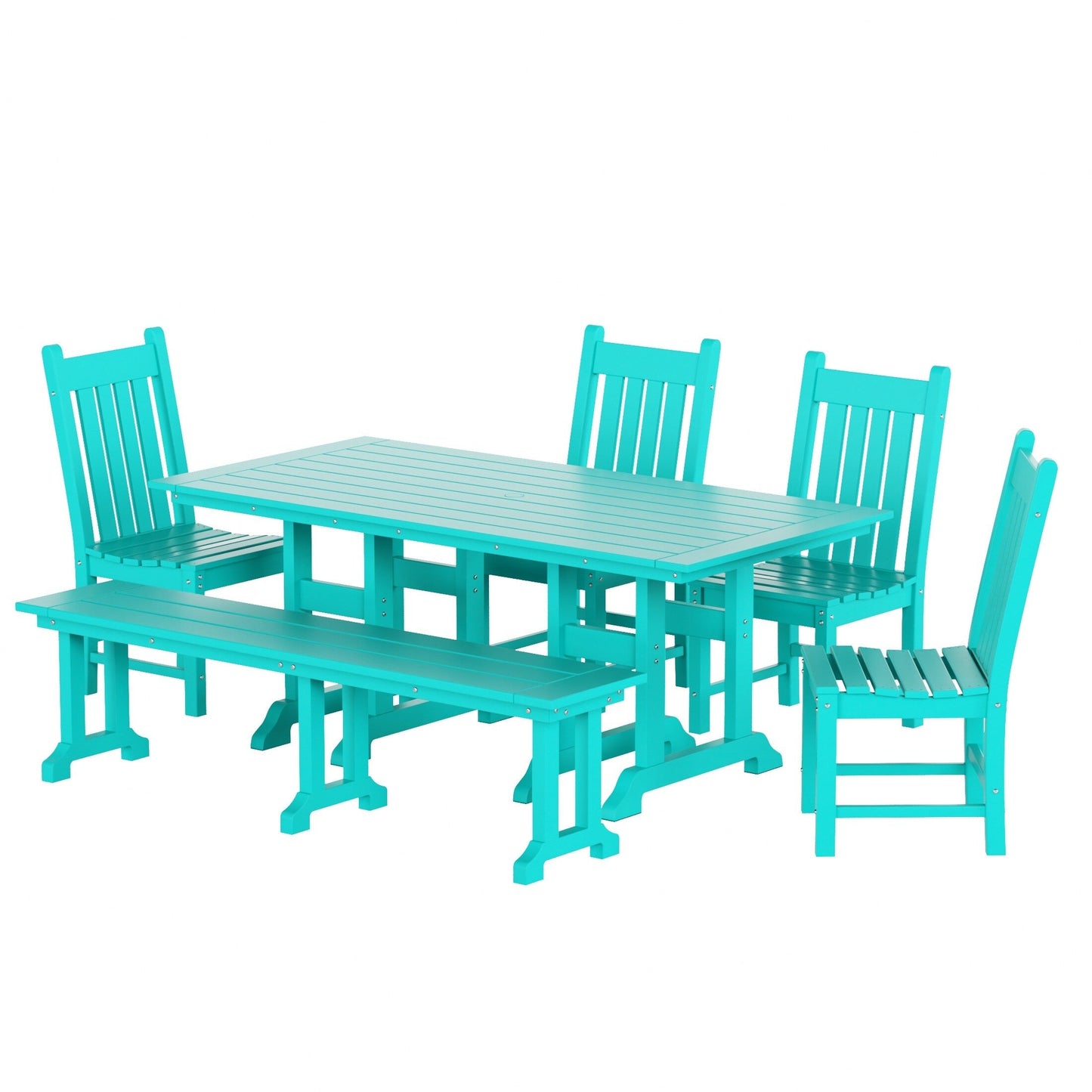 Ensemble de salle à manger d'extérieur Polytrends Laguna en PEHD, toutes saisons, avec table rectangulaire, chaises d'appoint et banc (ensemble de 6 pièces)