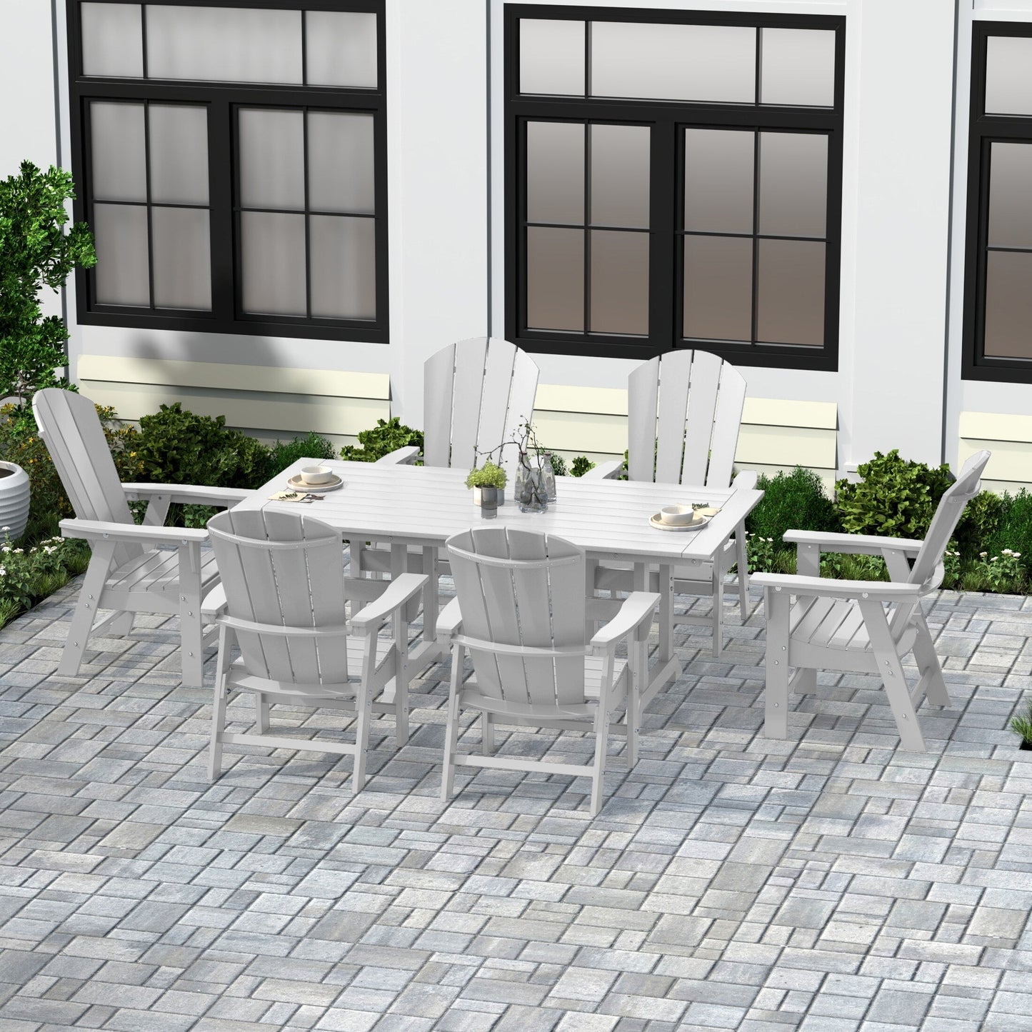 Chaises de salle à manger rectangulaires Adirondack Polytrends Laguna en PEHD, toutes saisons, avec table (ensemble de 7 pièces)