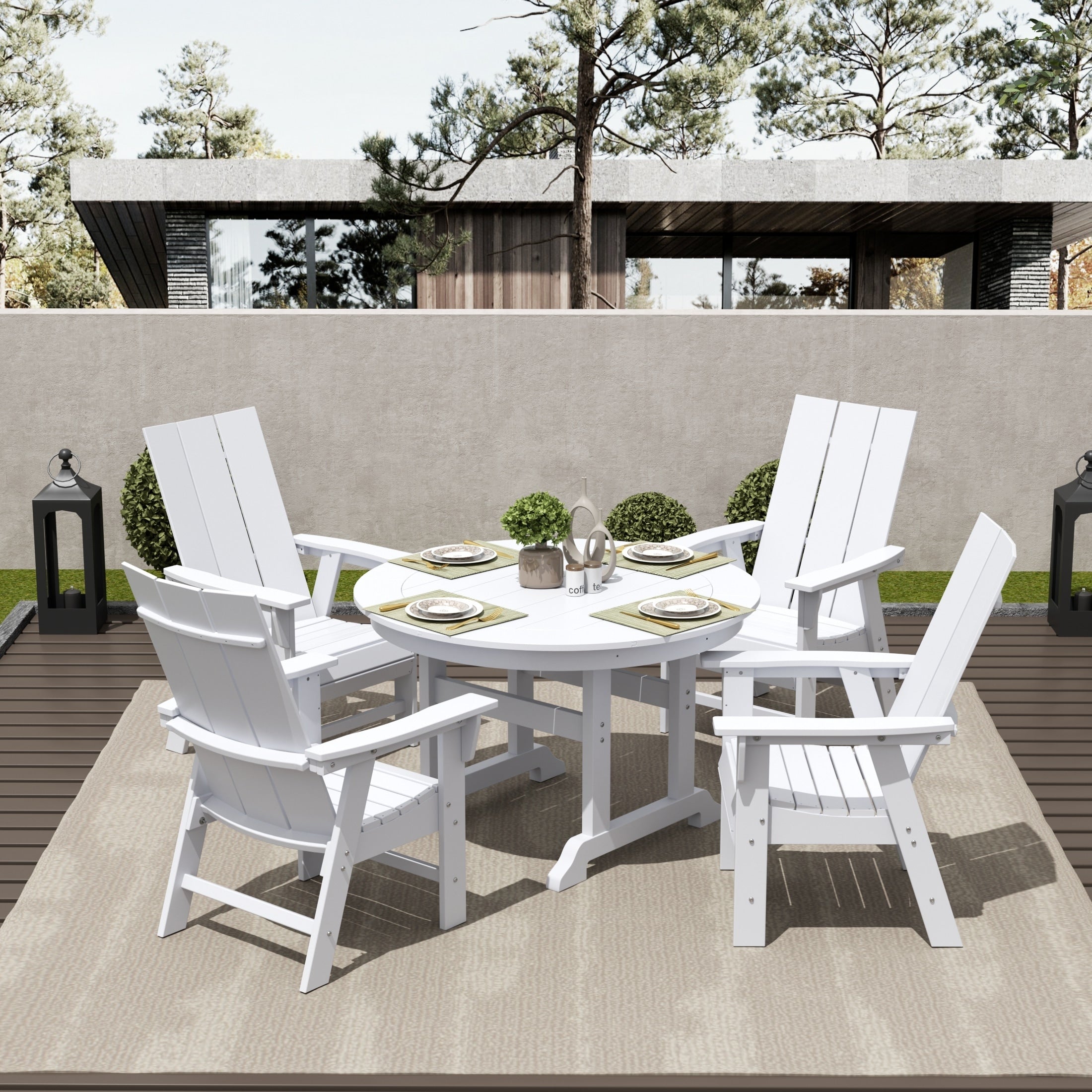 Ensemble de salle à manger d'extérieur Polytrends Shoreside, 5 pièces, carré, en polyester, respectueux de l'environnement, toutes saisons, avec fauteuils