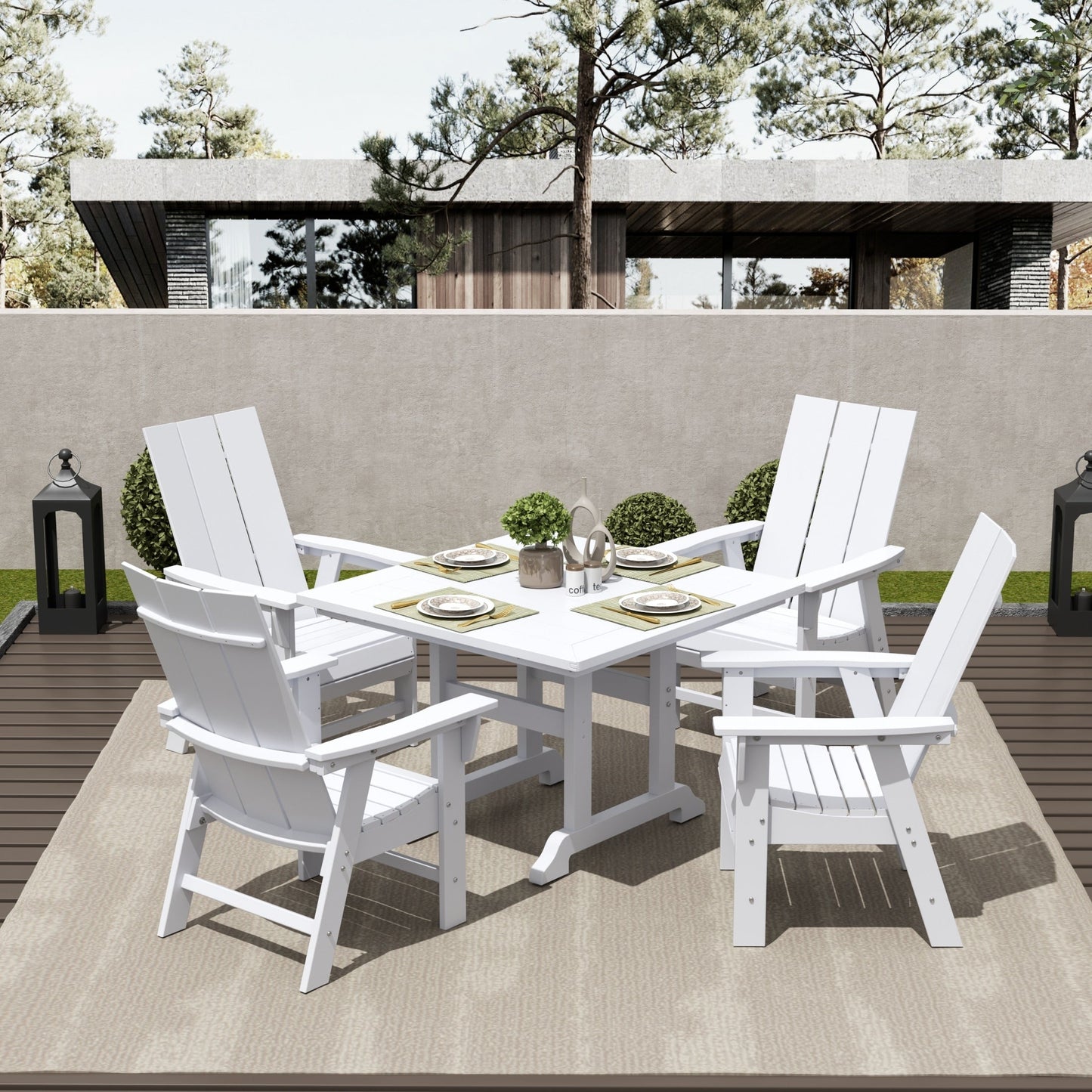 Ensemble de salle à manger d'extérieur Polytrends Shoreside, 5 pièces, carré, en polyester, respectueux de l'environnement, toutes saisons, avec fauteuils