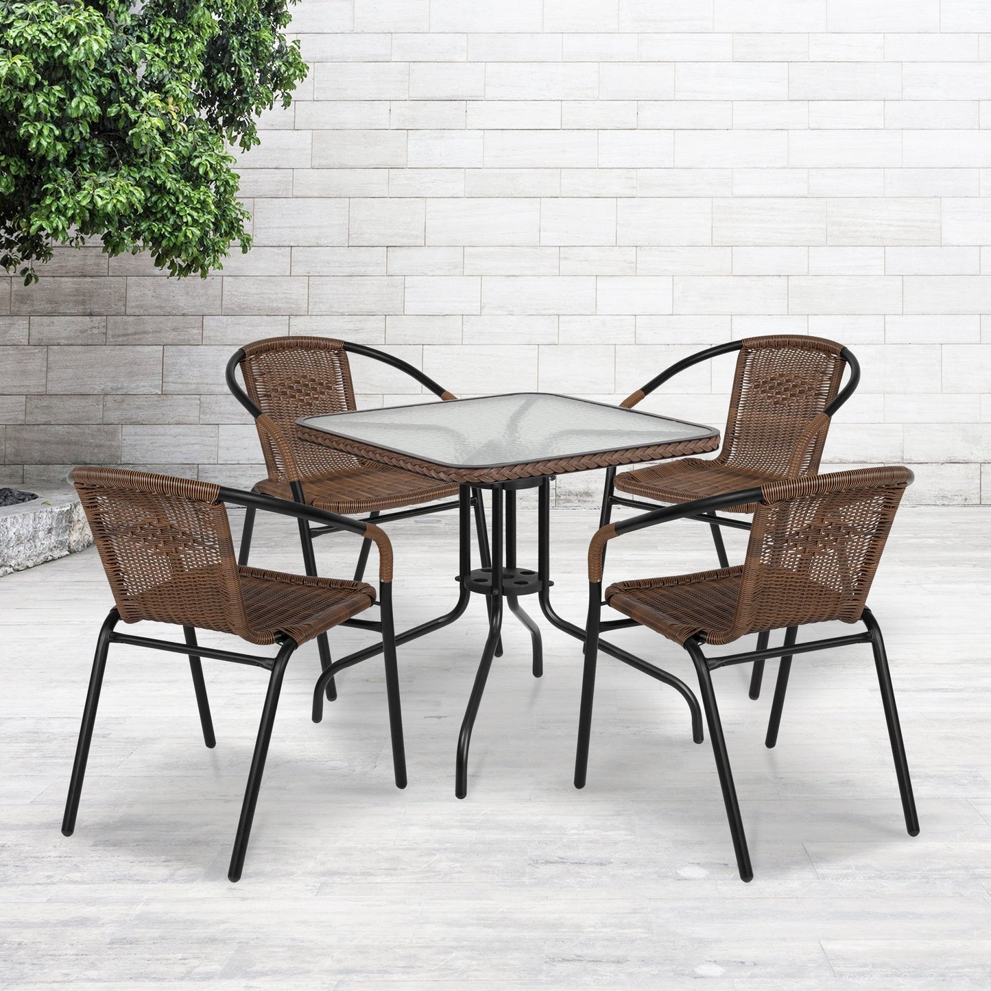 Ensemble de 5 tables carrées et chaises en rotin pour patio intérieur/extérieur - 28 L x 28 P x 28 H