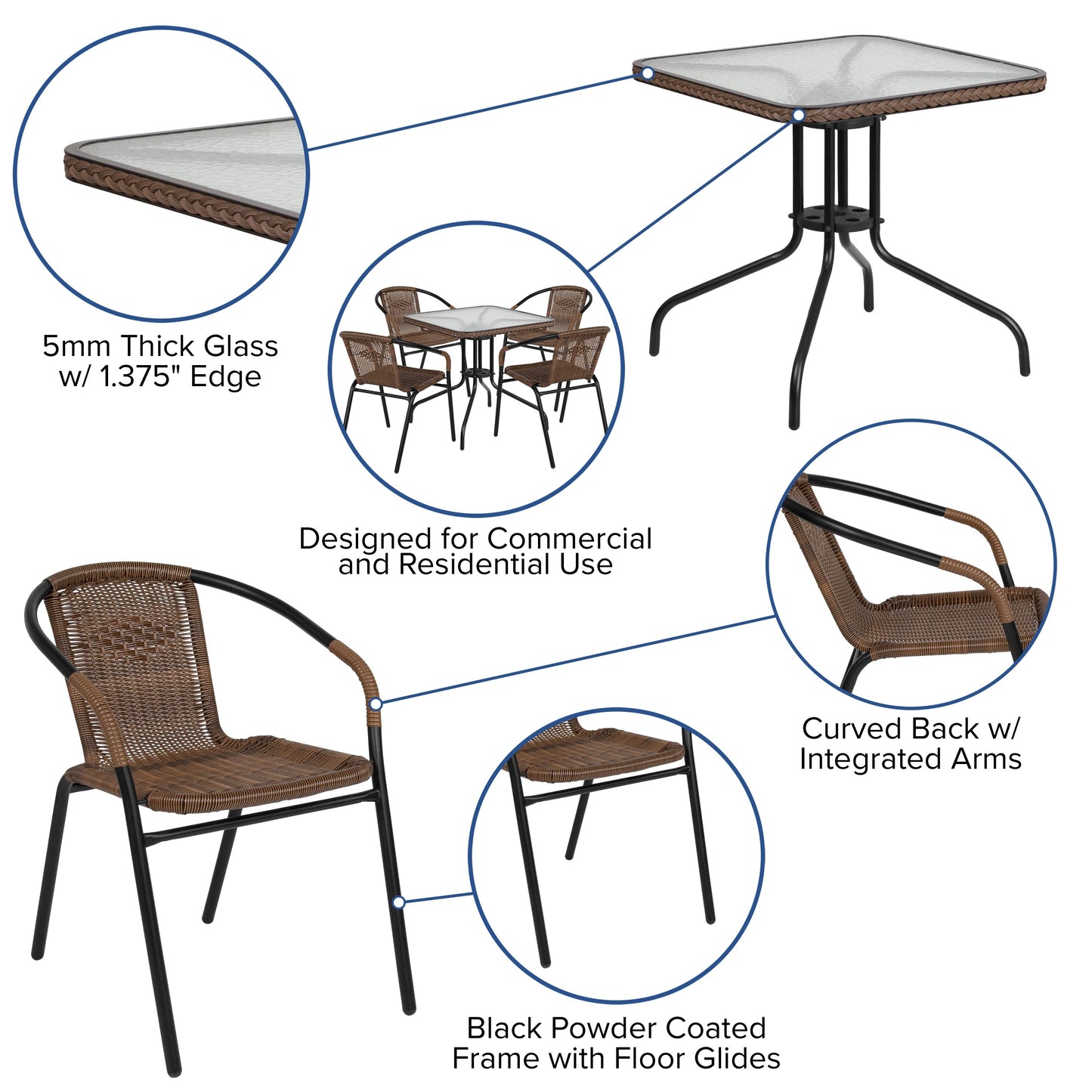 Ensemble de 5 tables carrées et chaises en rotin pour patio intérieur/extérieur - 28 L x 28 P x 28 H