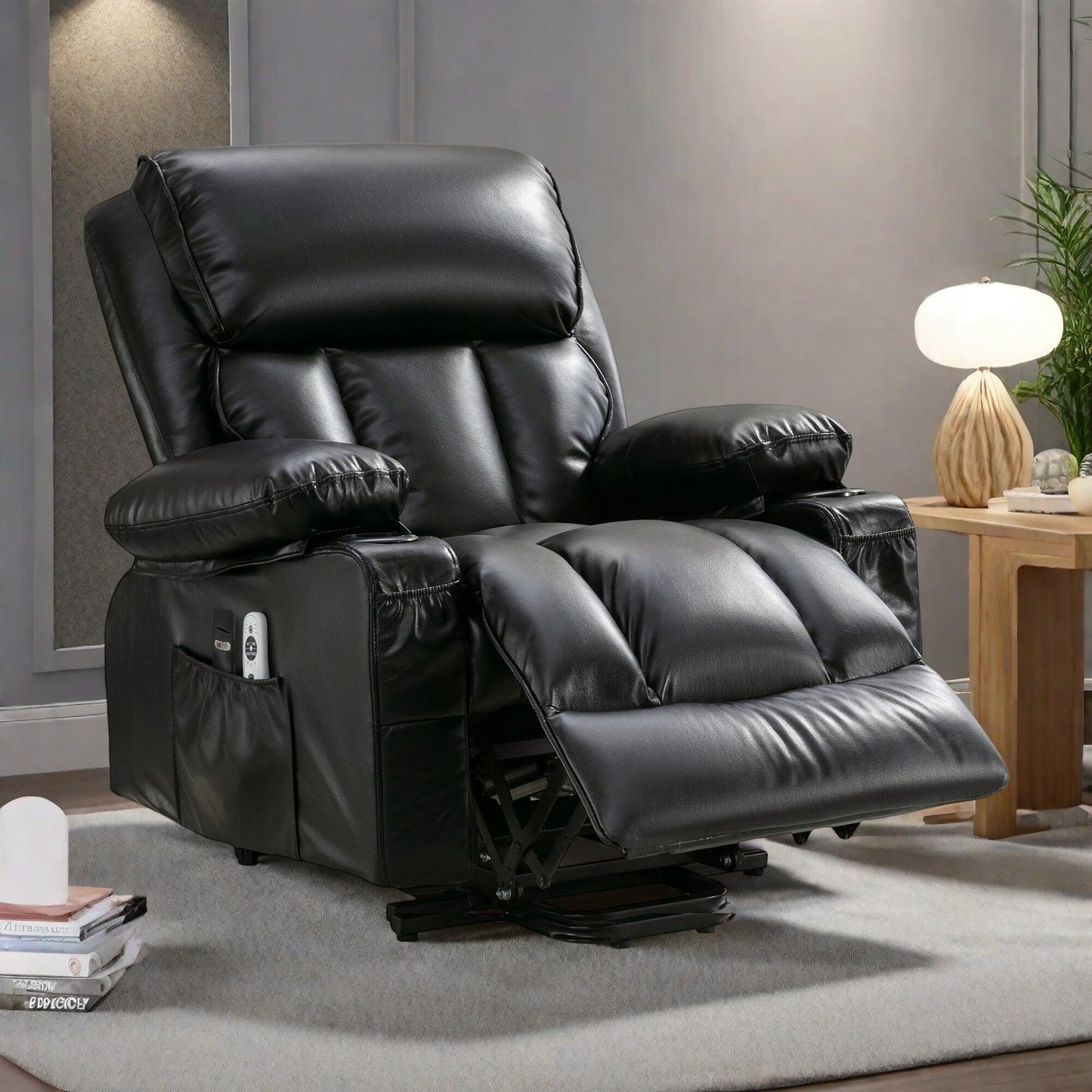 Fauteuil inclinable en similicuir Power Lift avec massage, chauffage, port USB et deux poches de rangement