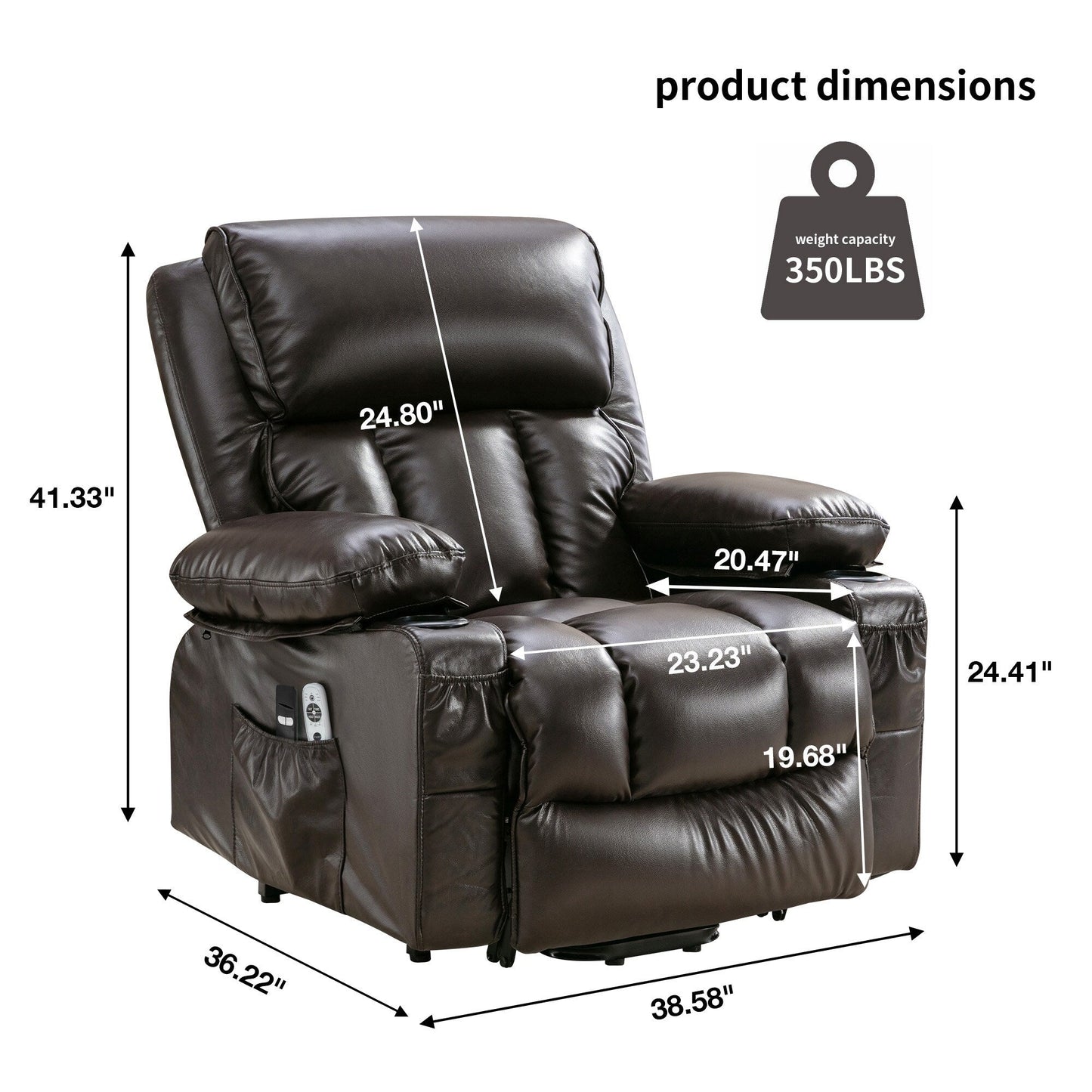 Fauteuil inclinable en similicuir avec relevage électrique, massage, chauffage et port USB