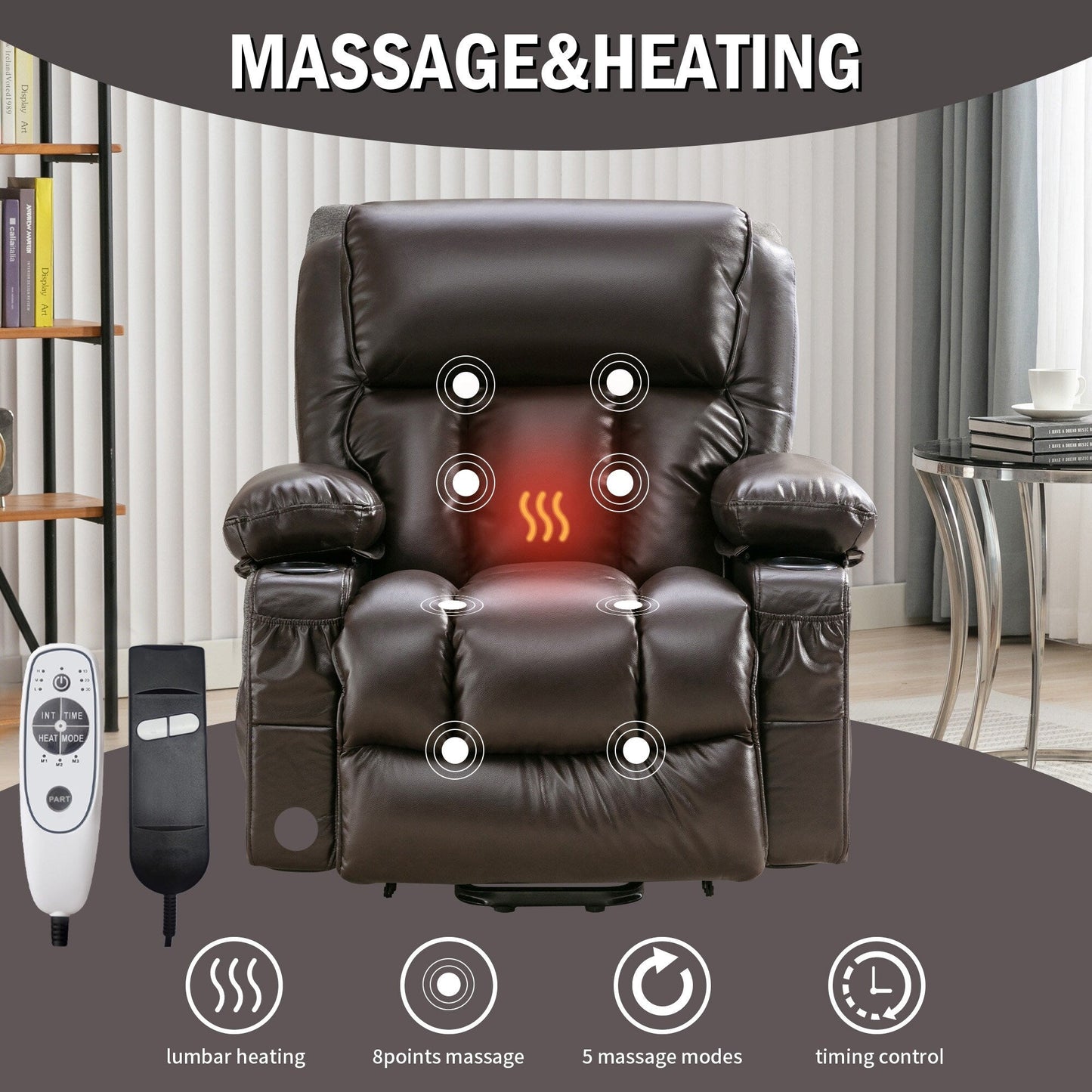 Fauteuil inclinable en similicuir avec relevage électrique, massage, chauffage et port USB