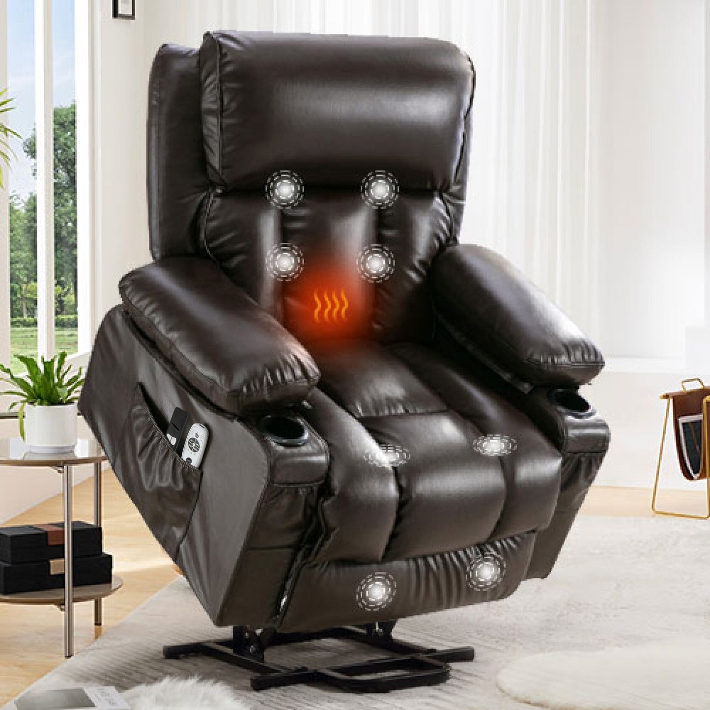 Fauteuil inclinable en similicuir avec relevage électrique, massage, chauffage et port USB