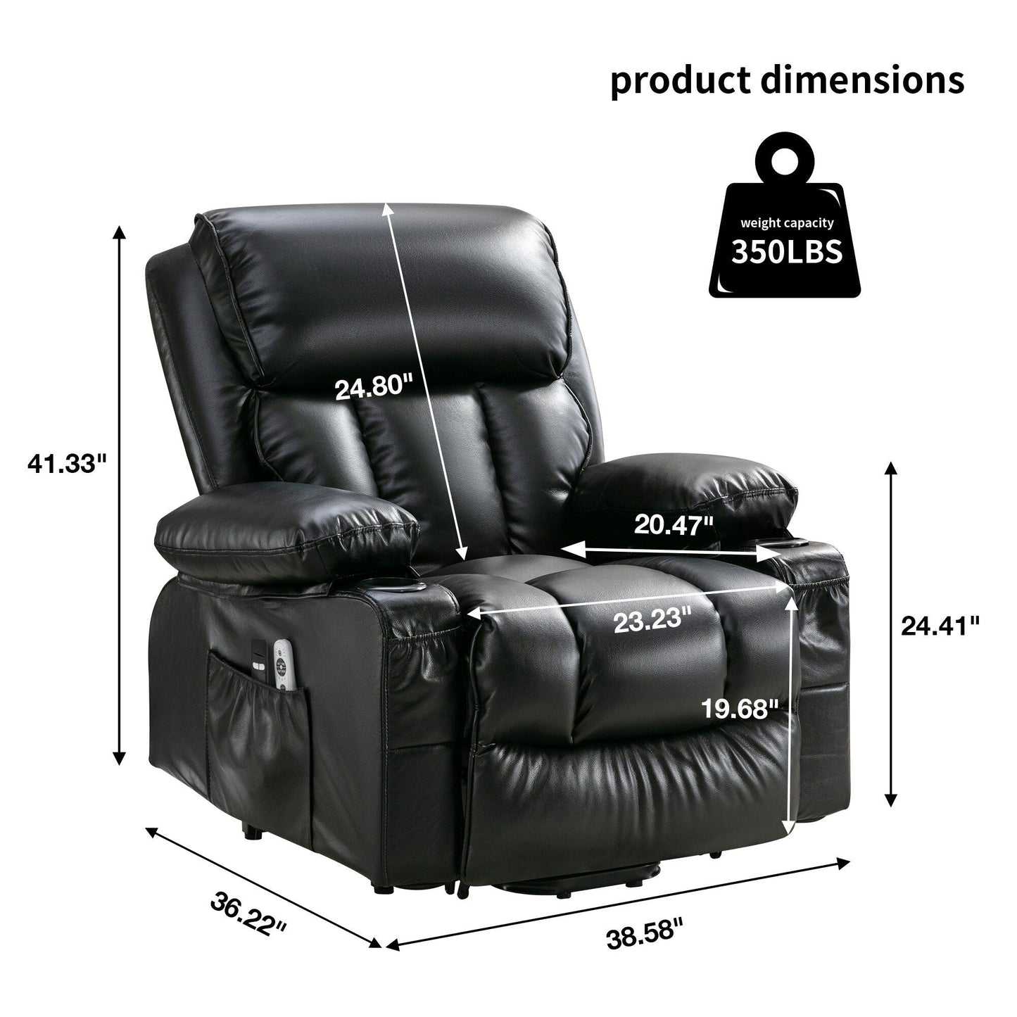 Fauteuil inclinable en similicuir avec relevage électrique, massage, chauffage et port USB