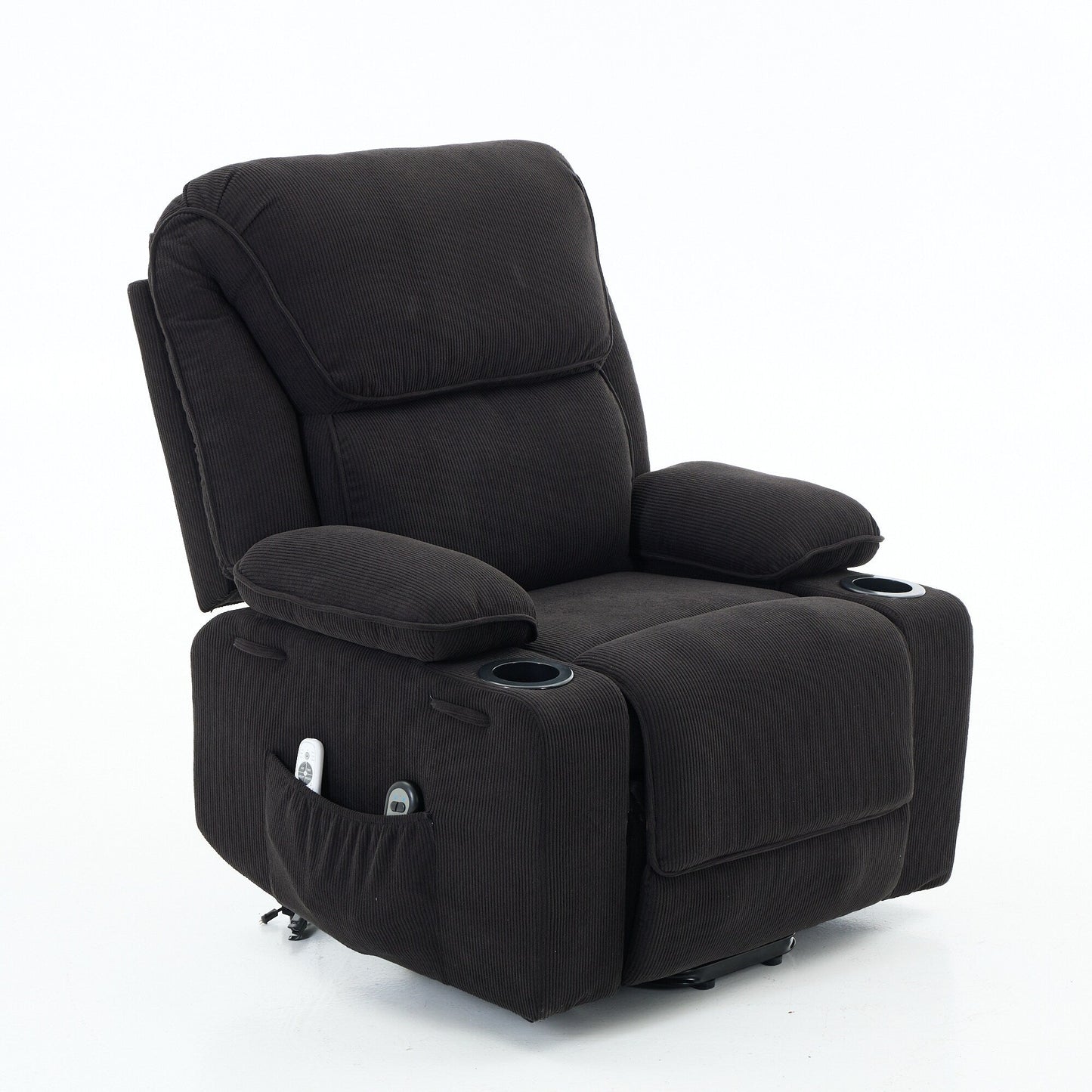 Fauteuil inclinable électrique avec releveur - Télécommande avec massage thermique, cuir synthétique, poches latérales - Fauteuil d'assistance à la mobilité pour personnes âgées