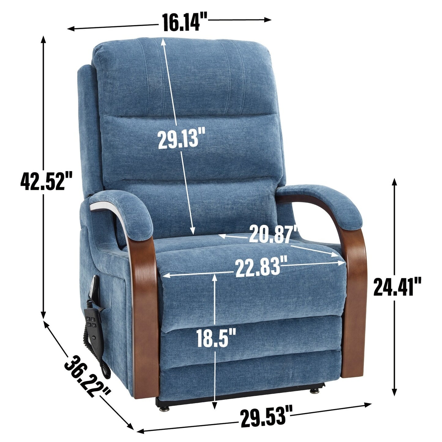 Fauteuil inclinable électrique à double moteur, positions infinies, avec accoudoirs en bois massif, massage thermique et mécanisme de mouvement robuste