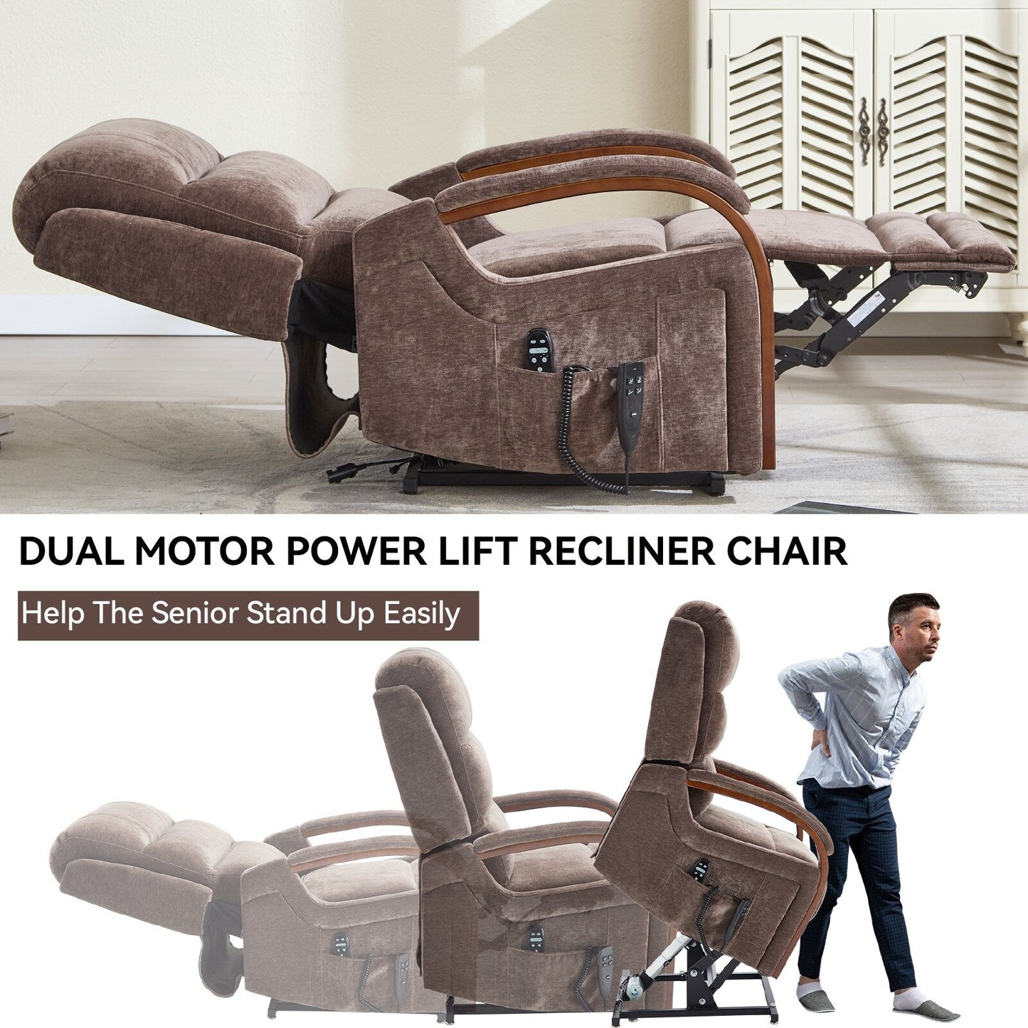 Fauteuil inclinable électrique à double moteur, positions infinies, avec accoudoirs en bois massif, massage thermique et mécanisme de mouvement robuste