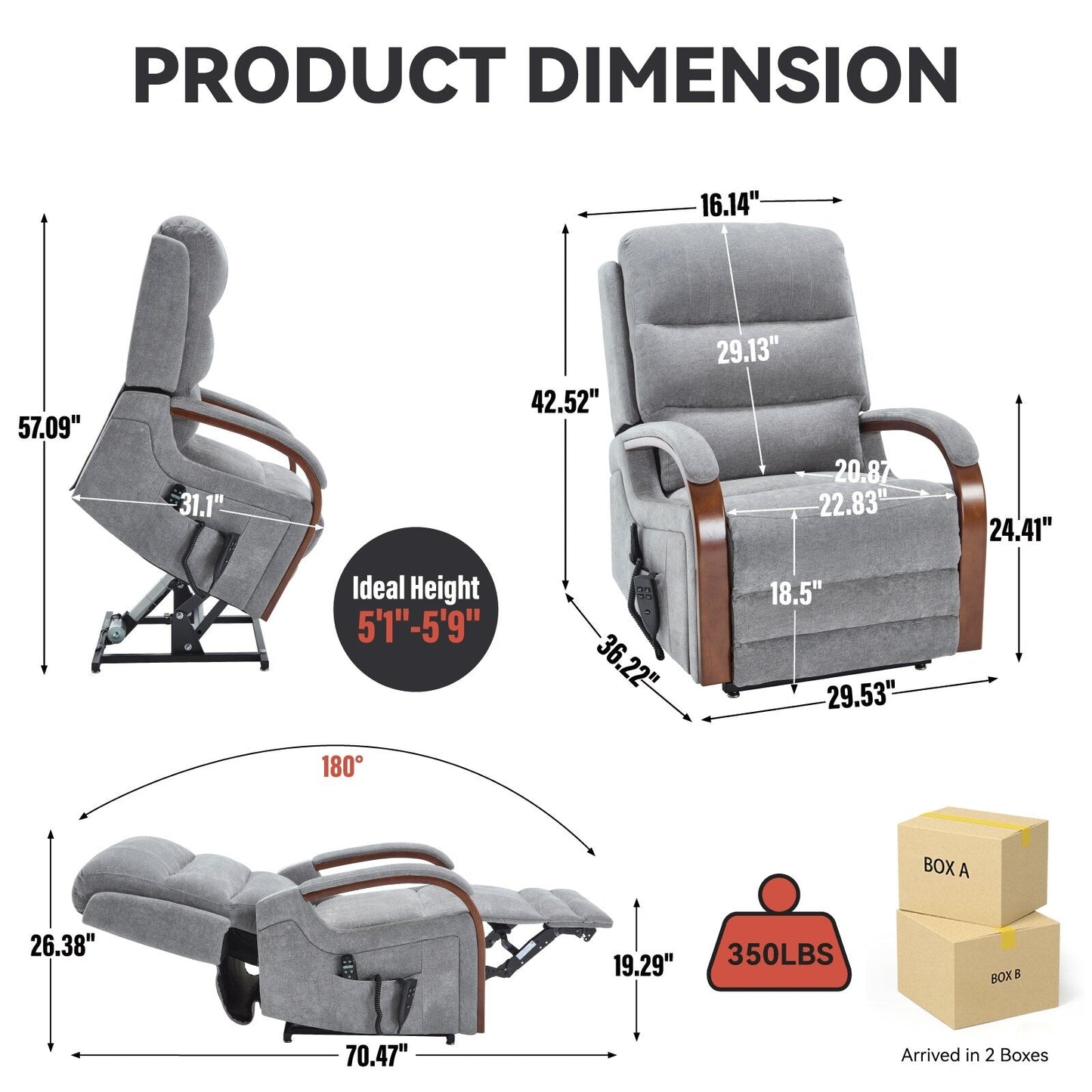 Fauteuil inclinable électrique à double moteur, positions infinies, avec accoudoirs en bois massif, massage thermique et mécanisme de mouvement robuste