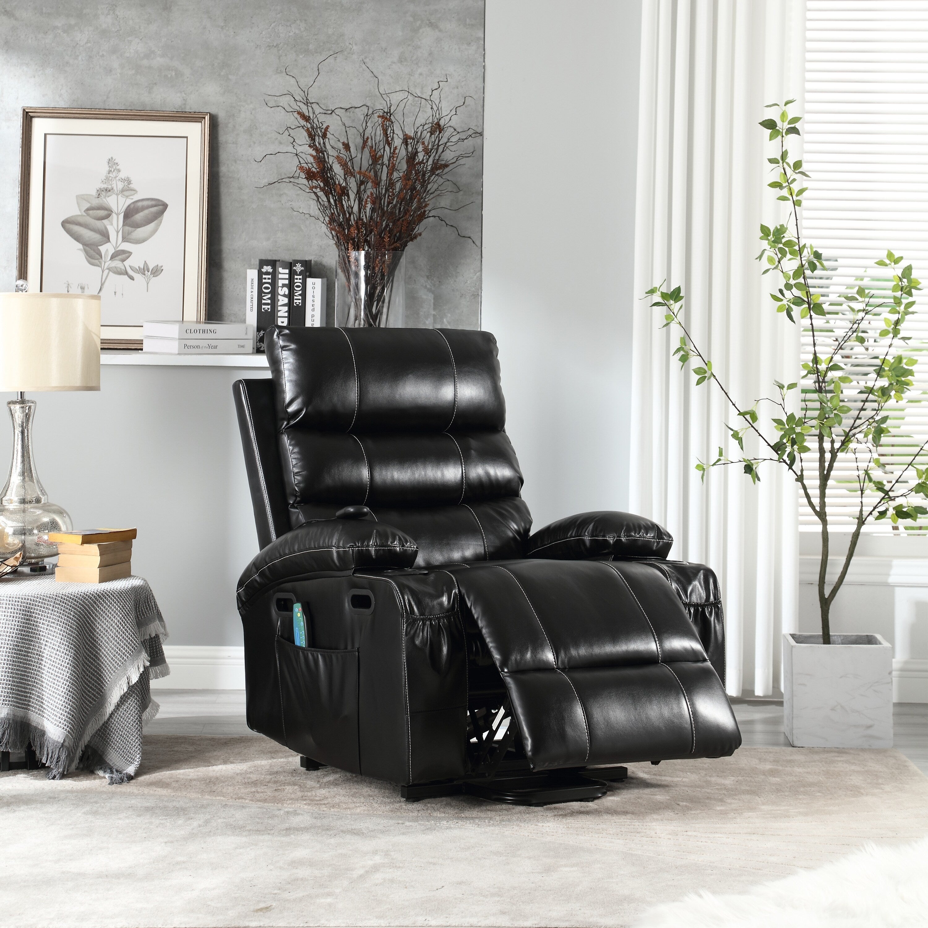 Fauteuil inclinable électrique avec releveur, massage et chauffage, avec siège large, poches latérales, porte-gobelets et minuterie pour personnes âgées
