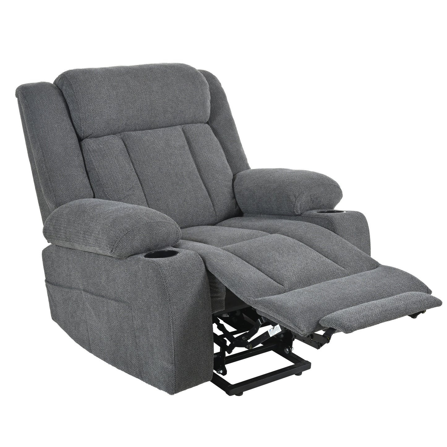 Fauteuil releveur électrique pour personnes âgées, fauteuil releveur en tissu avec repose-pieds allongé, 2 porte-gobelets, poches latérales et télécommande.