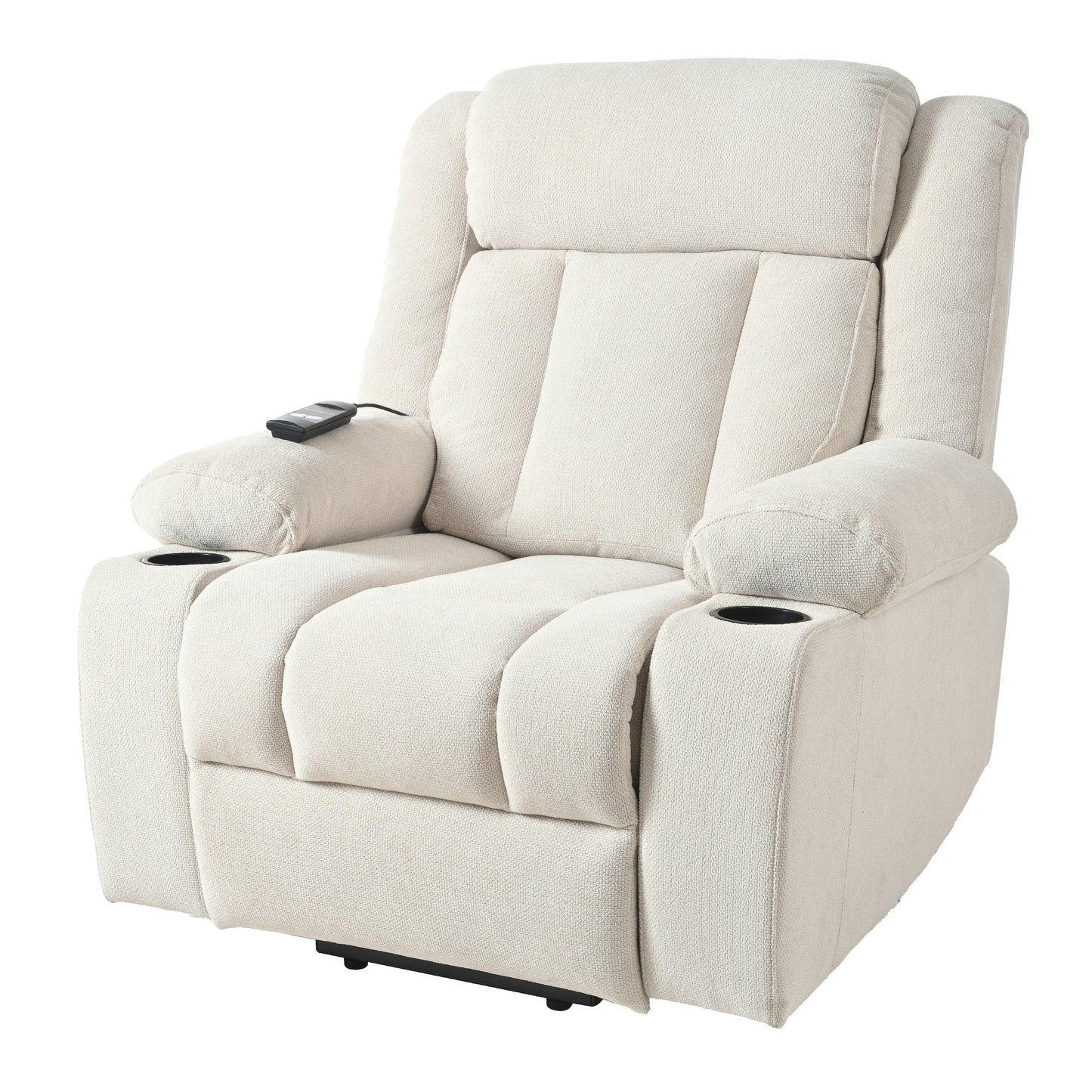 Fauteuil releveur électrique pour personnes âgées, fauteuil releveur en tissu avec repose-pieds allongé, 2 porte-gobelets, poches latérales et télécommande.