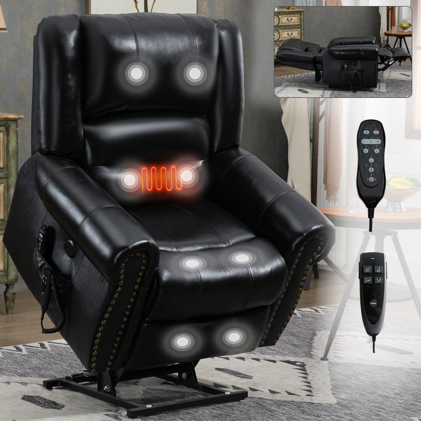 Fauteuil inclinable électrique à relevage électrique, massage thermique, double moteur, positions infinies, jusqu'à 350 lb, mécanisme de mouvement robuste avec ports USB