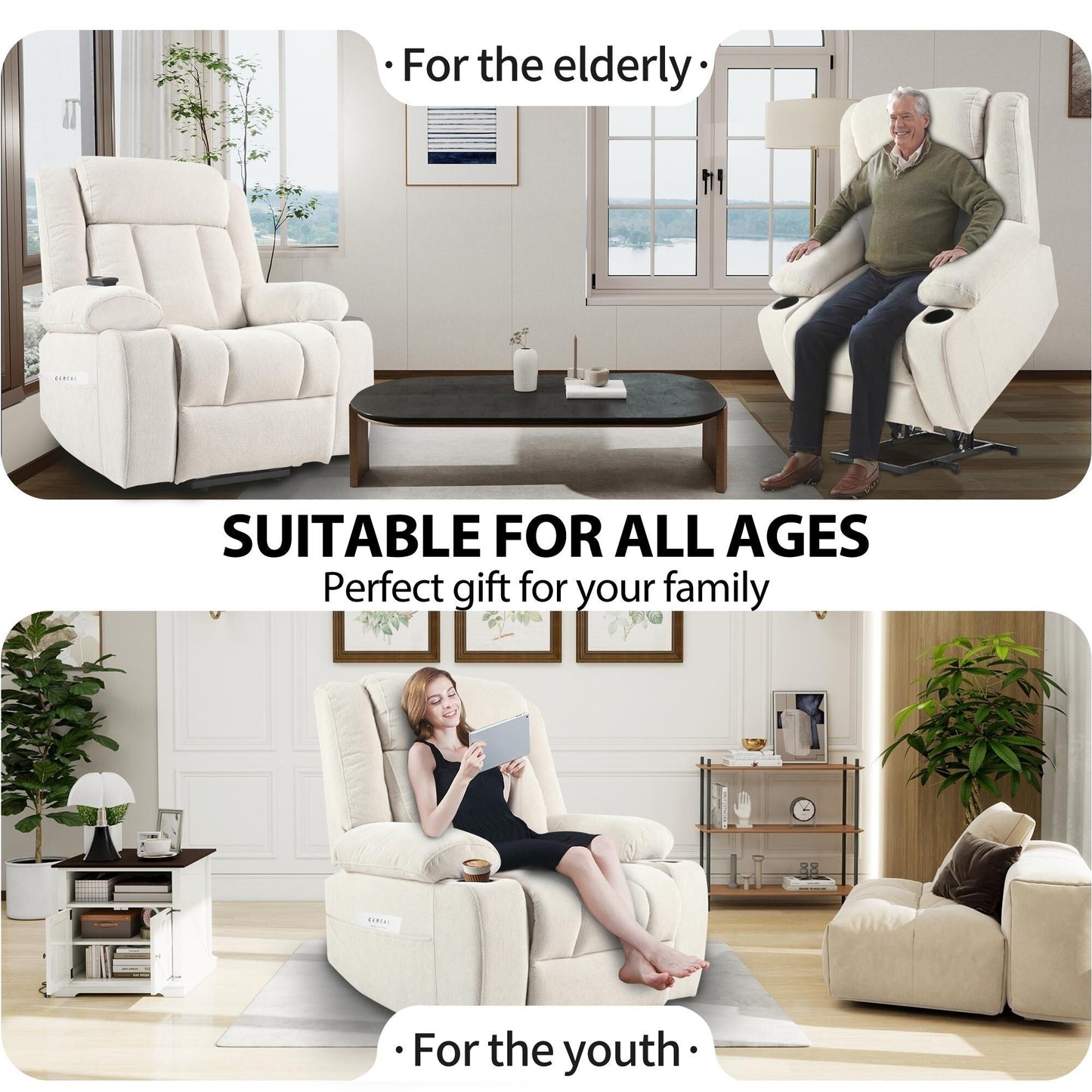 Fauteuil inclinable électrique pour personnes âgées, canapé simple classique avec 2 porte-gobelets, poches latérales et télécommande