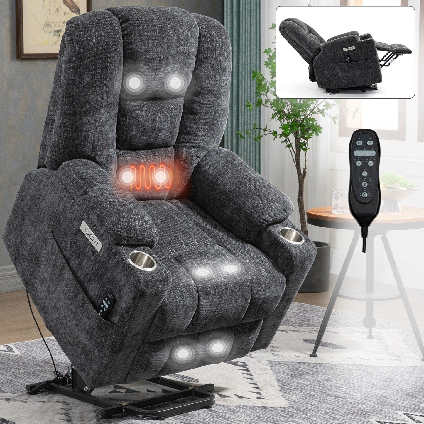 Fauteuil inclinable électrique avec double port USB, porte-gobelets et tissu chenille