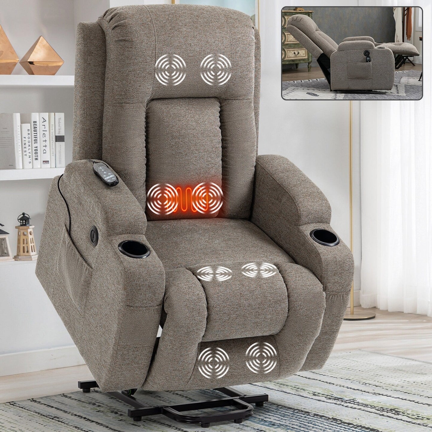 Fauteuil inclinable électrique avec massage, chauffage lombaire, port USB et porte-gobelets