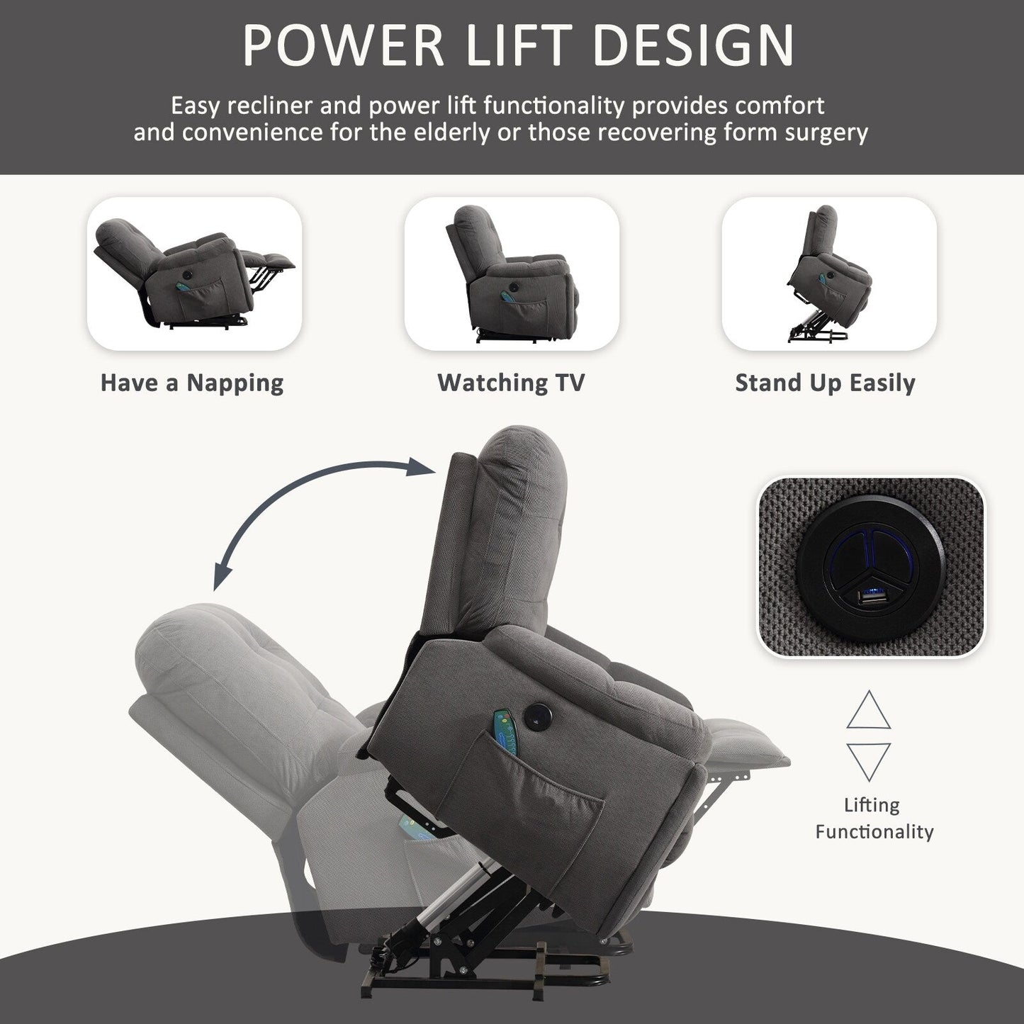 Fauteuil inclinable électrique avec chauffage, massage, port USB, porte-gobelets dissimulés, inclinaison réglable et poches latérales
