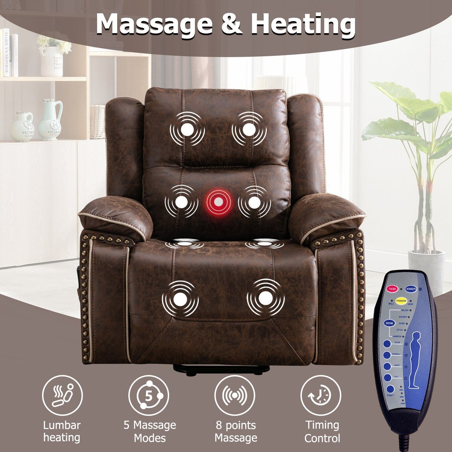 Fauteuil confortable Power Lift avec chauffage massant, porte-gobelet et port USB
