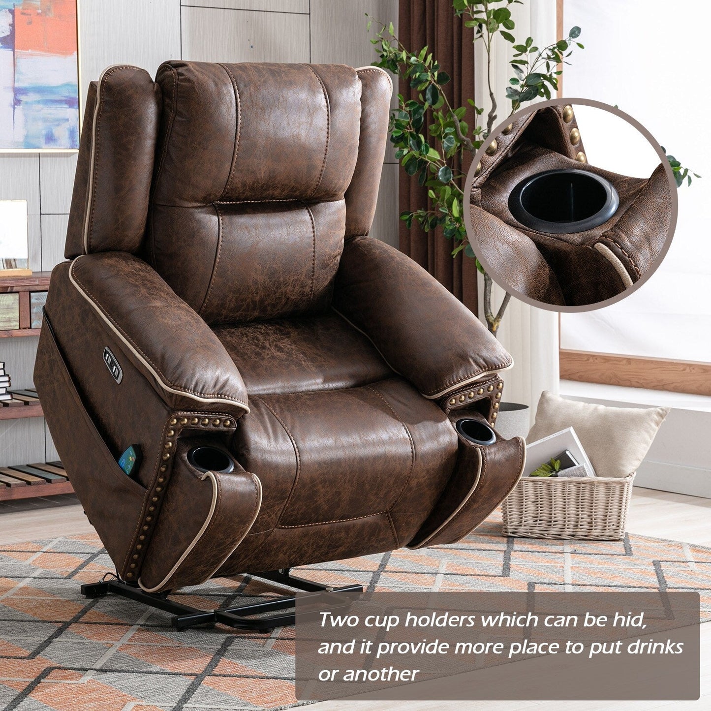 Fauteuil confortable Power Lift avec chauffage massant, porte-gobelet et port USB