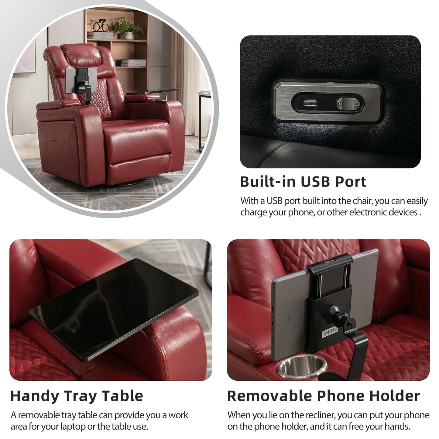 Fauteuil inclinable électrique pivotant à 270°, plateau, port USB et porte-gobelets
