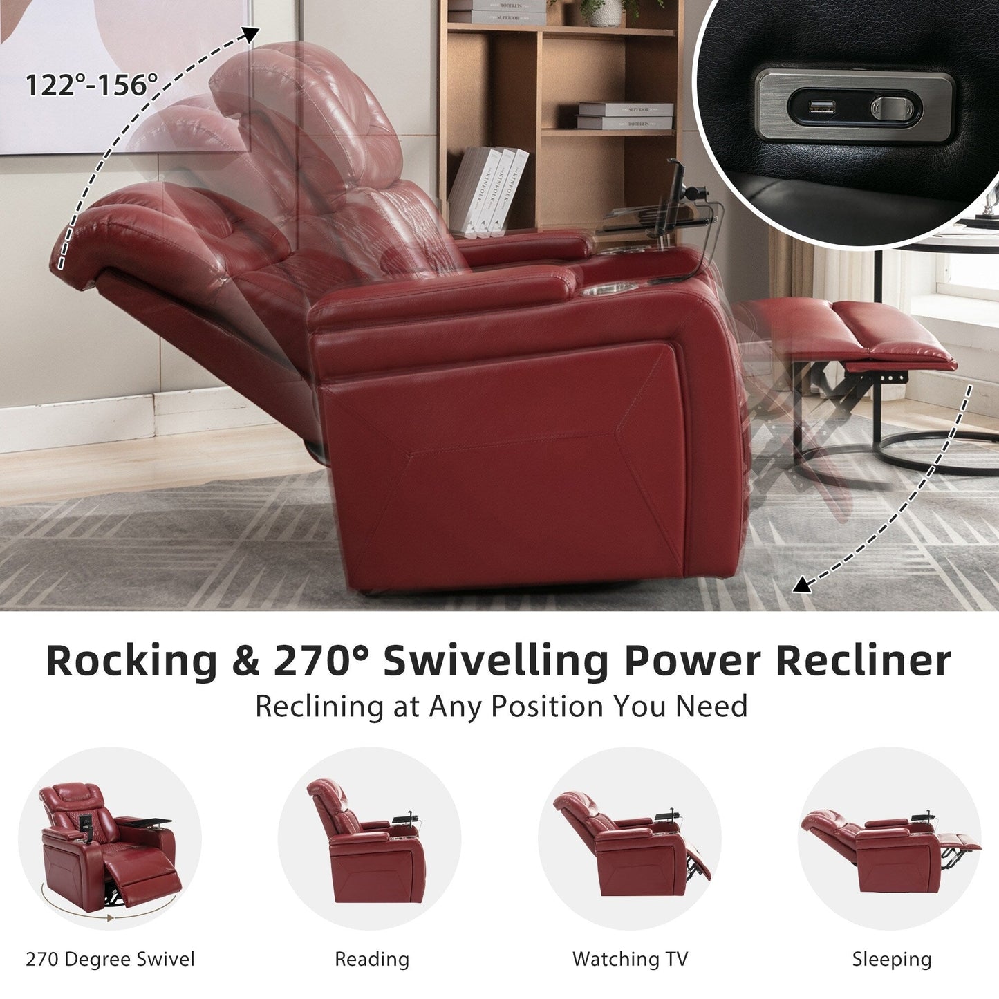 Fauteuil inclinable électrique pivotant à 270°, plateau, port USB et porte-gobelets