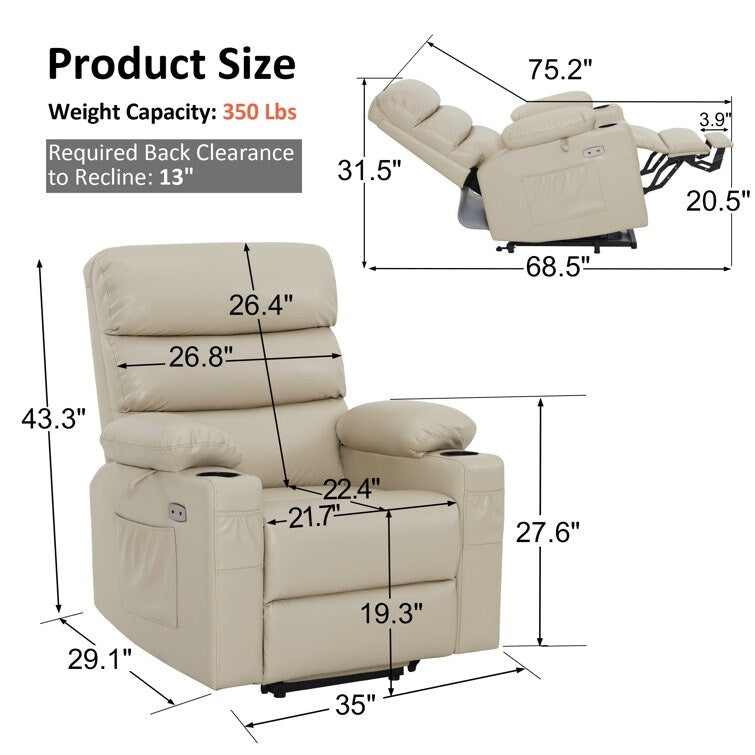 Fauteuil inclinable électrique avec massage par vibration et chaleur, similicuir, 158 kg