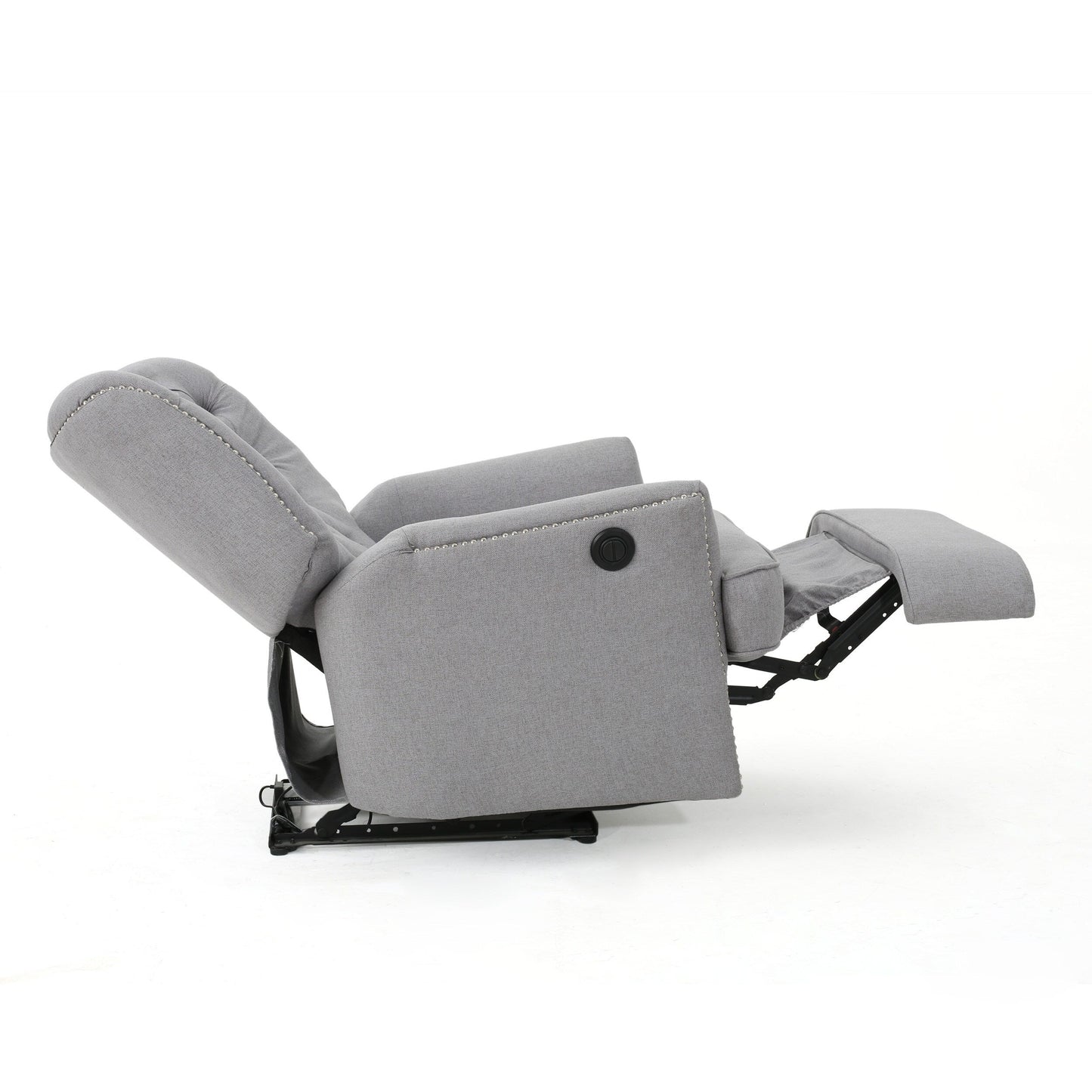 Fauteuil inclinable électrique, tissu gris doux capitonné à boutons, touches cuivrées