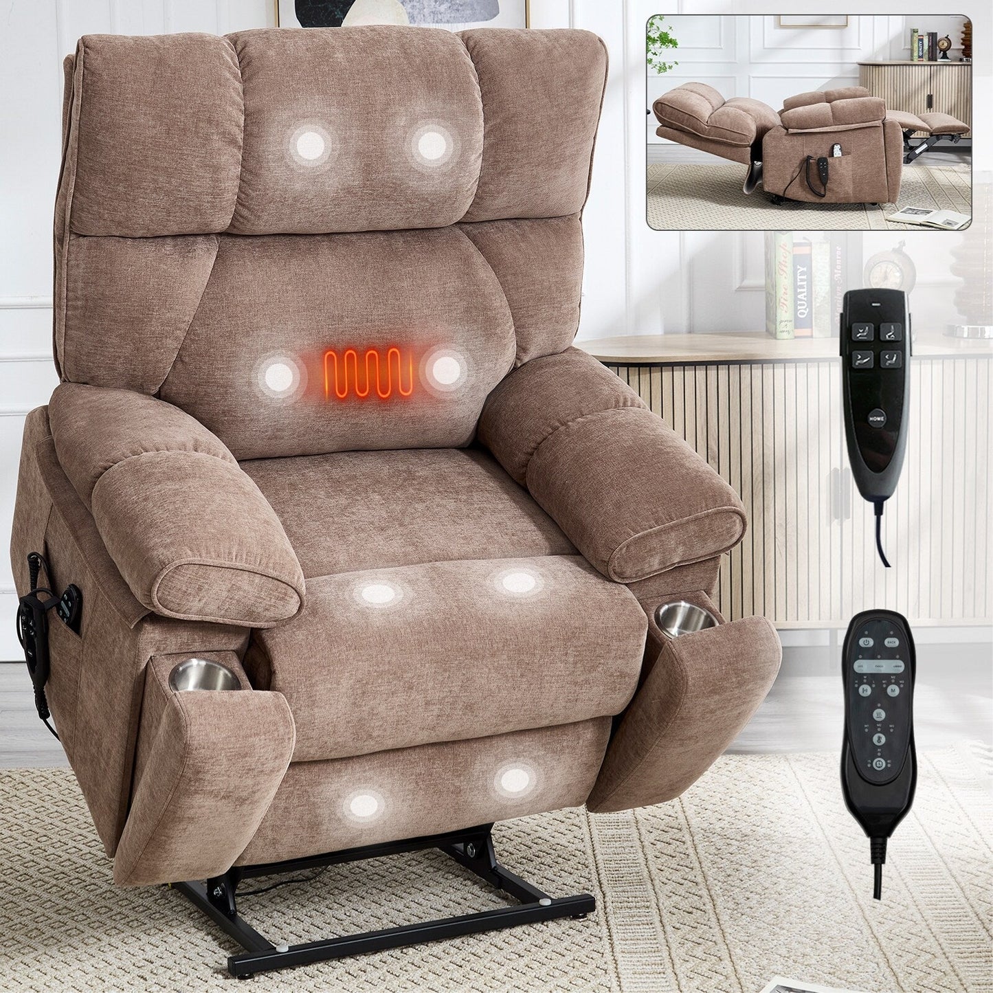 Fauteuils inclinables électriques à télécommande avec porte-gobelets dissimulés et massage par la chaleur
