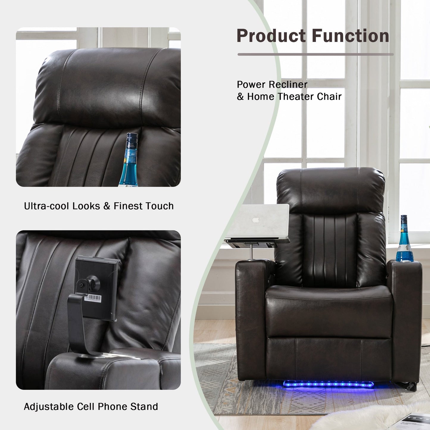 Fauteuil inclinable électrique haut de gamme avec accoudoirs de rangement, porte-gobelets, plateau pivotant et support pour téléphone portable