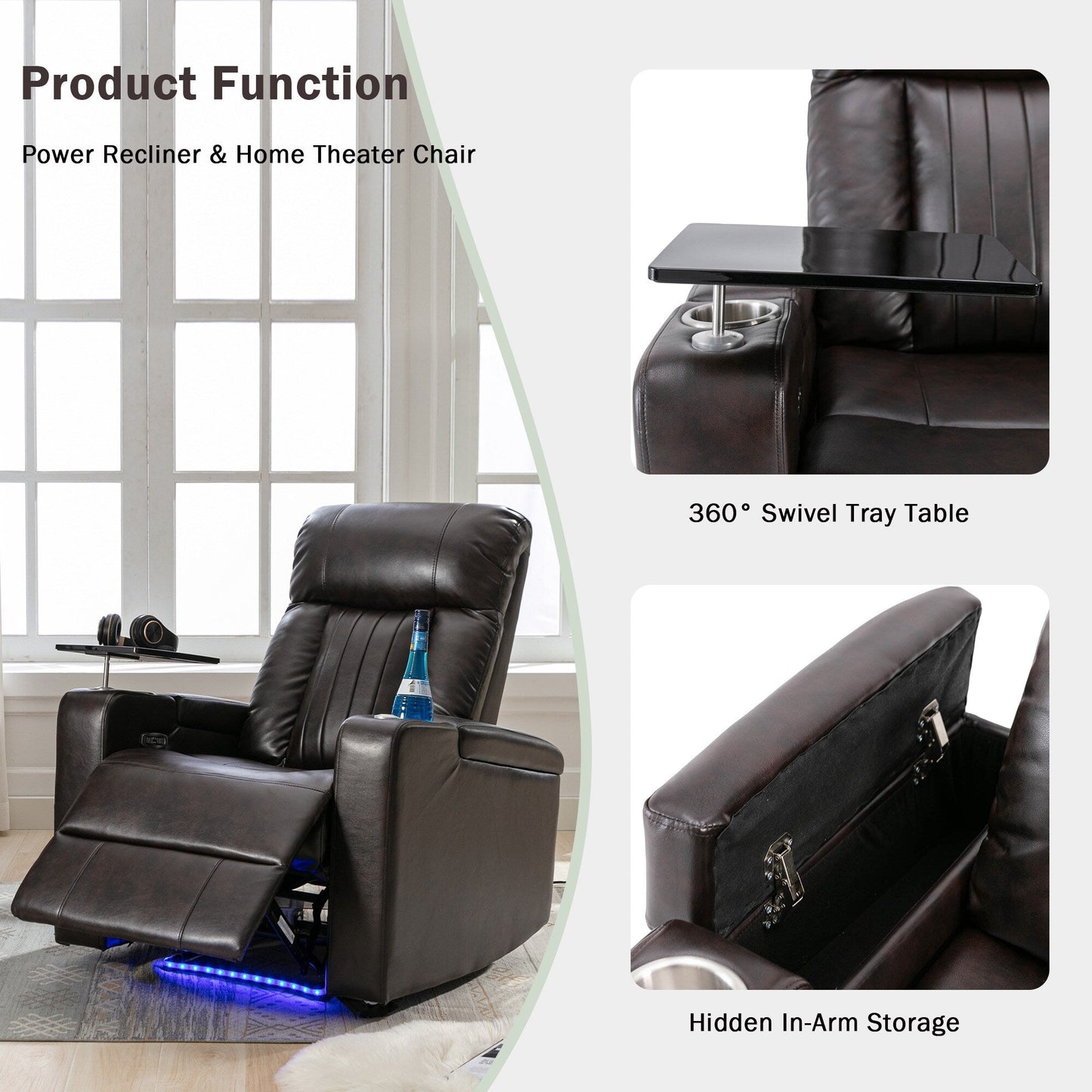 Fauteuil inclinable électrique haut de gamme avec accoudoirs de rangement, porte-gobelets, plateau pivotant et support pour téléphone portable