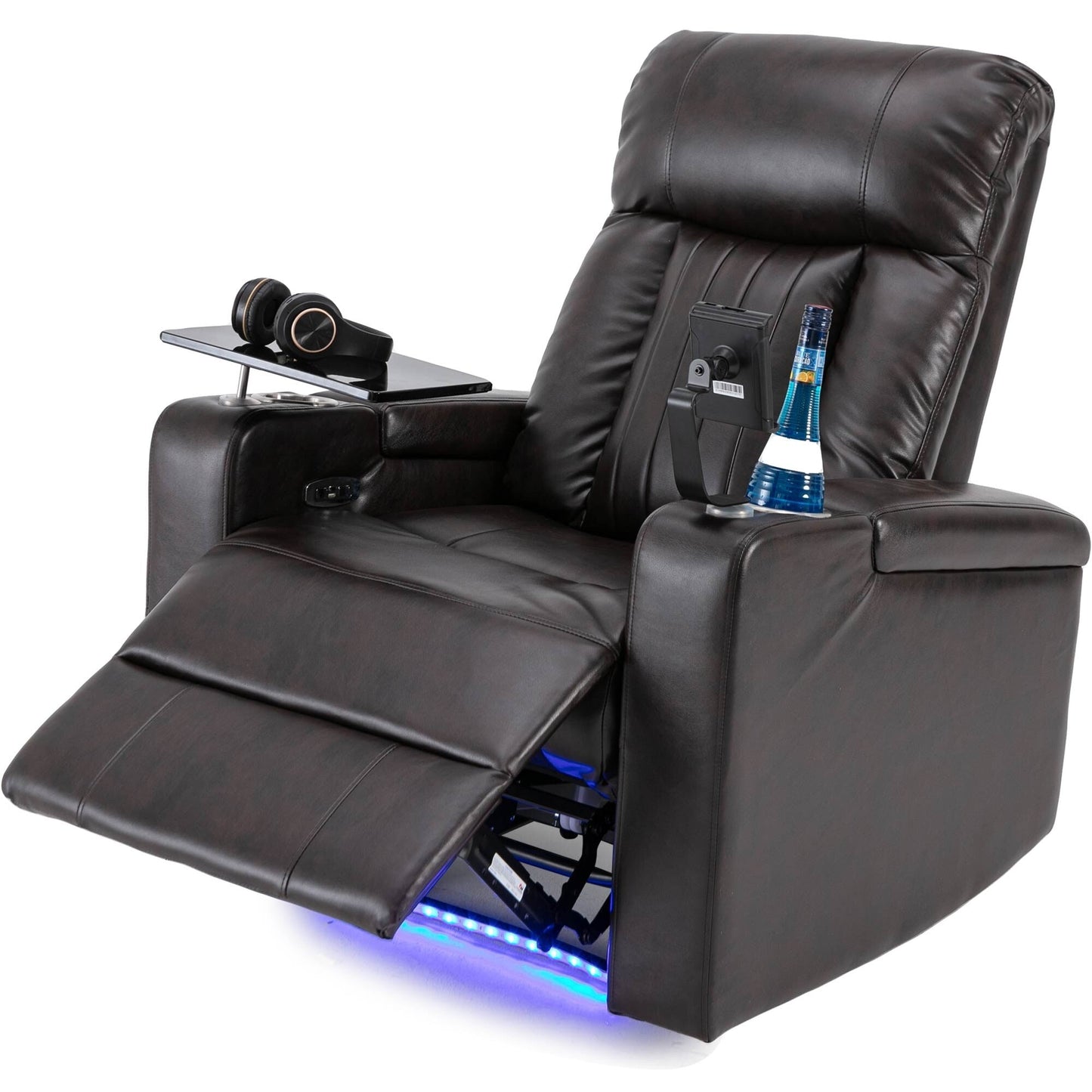 Fauteuil inclinable électrique haut de gamme avec accoudoirs de rangement, porte-gobelets, plateau pivotant et support pour téléphone portable